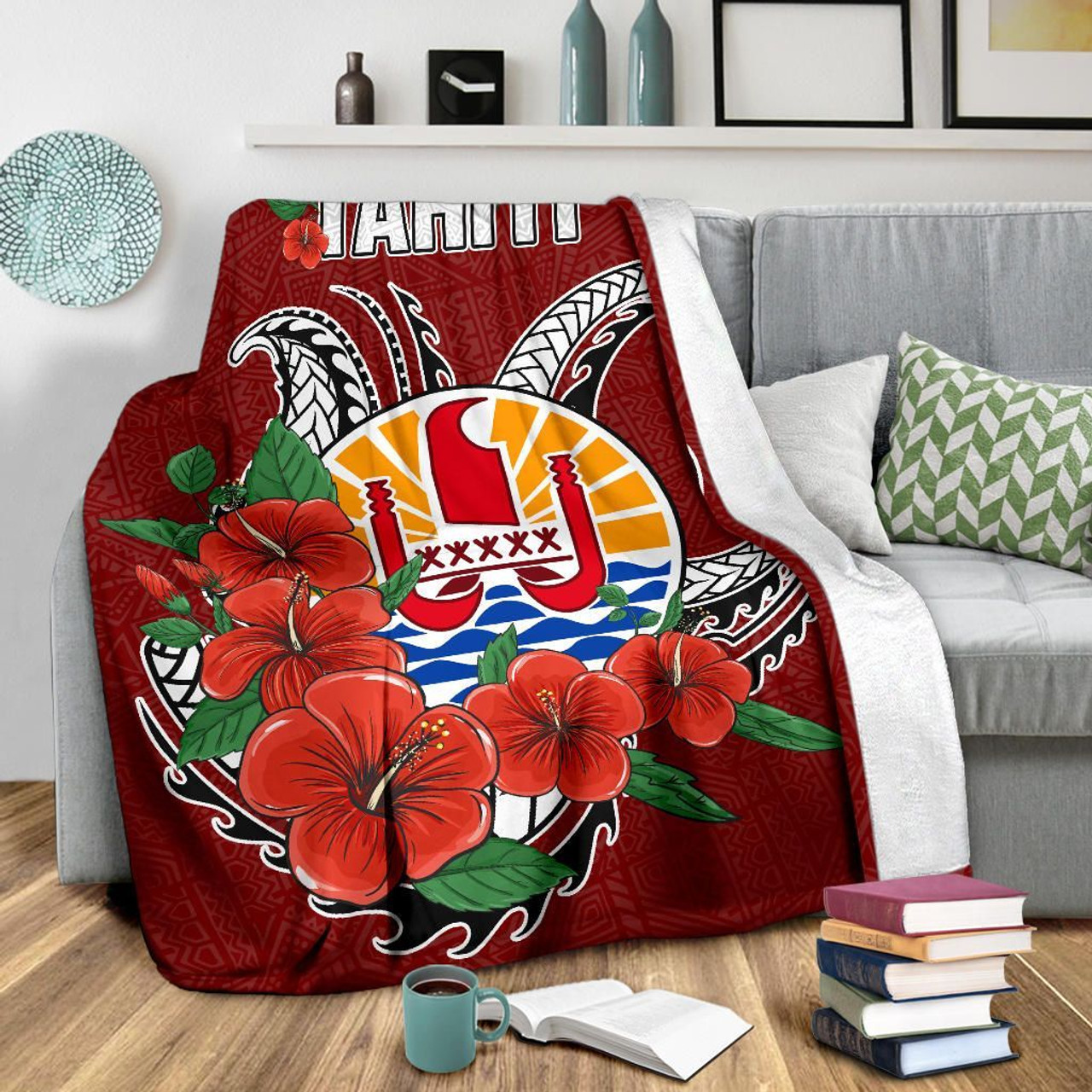 Tahiti Polynesian Premium Blanket - Hibiscus Coat of Arm Red 3