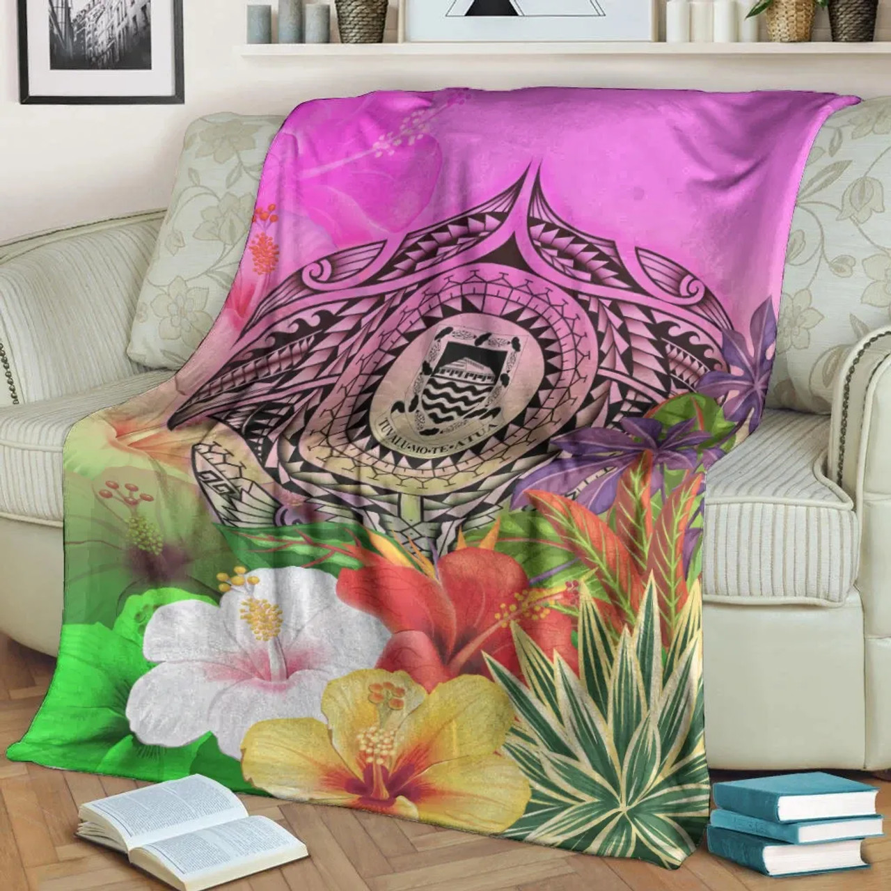 Tuvalu Premium Blanket - Manta Ray Tropical Flowers 3