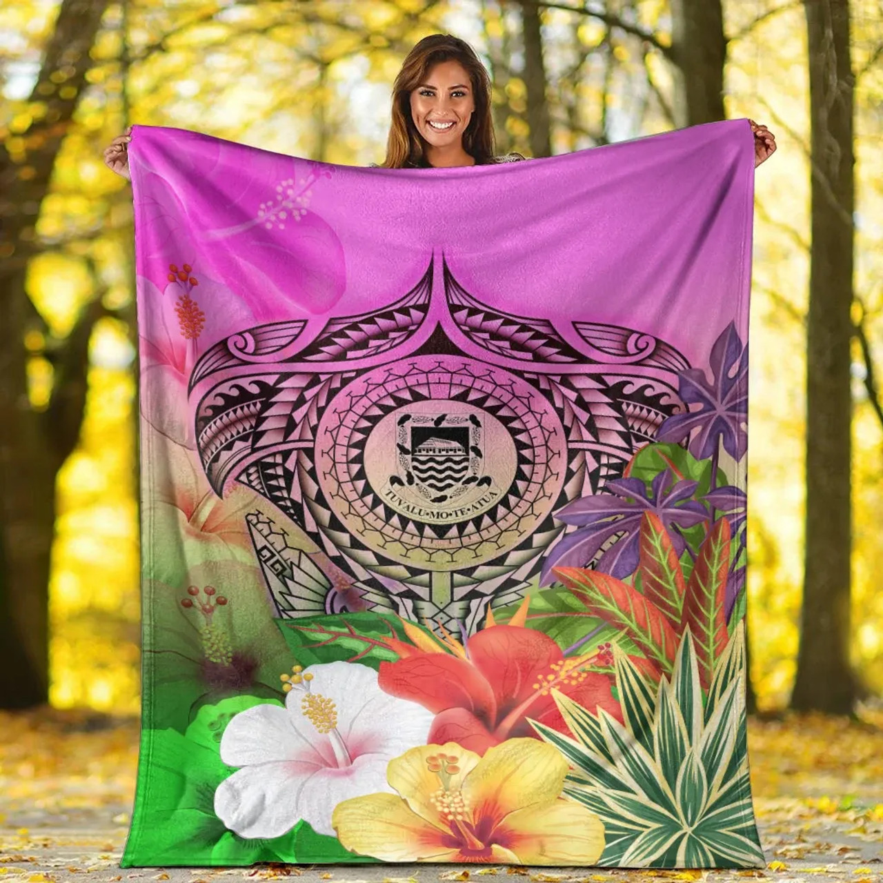 Tuvalu Premium Blanket - Manta Ray Tropical Flowers 4