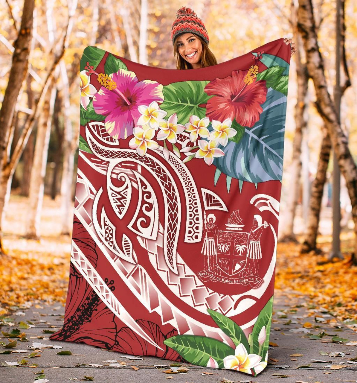 Fiji Polynesian Premium Blanket - Summer Plumeria (Red) 4
