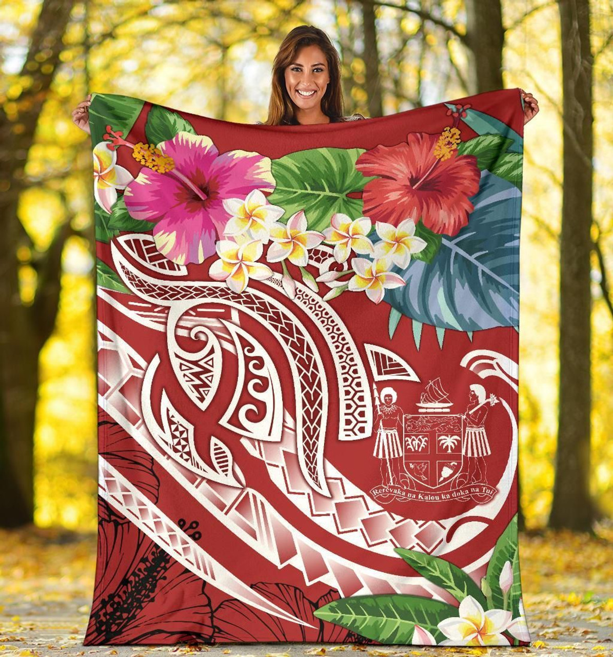 Fiji Polynesian Premium Blanket - Summer Plumeria (Red) 5