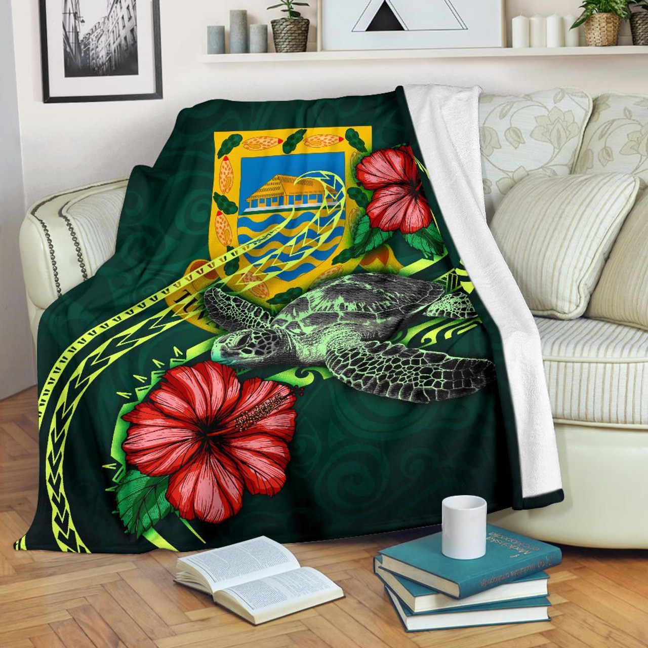 Tuvalu Polynesian Premium Blanket - Green Turtle Hibiscus 1