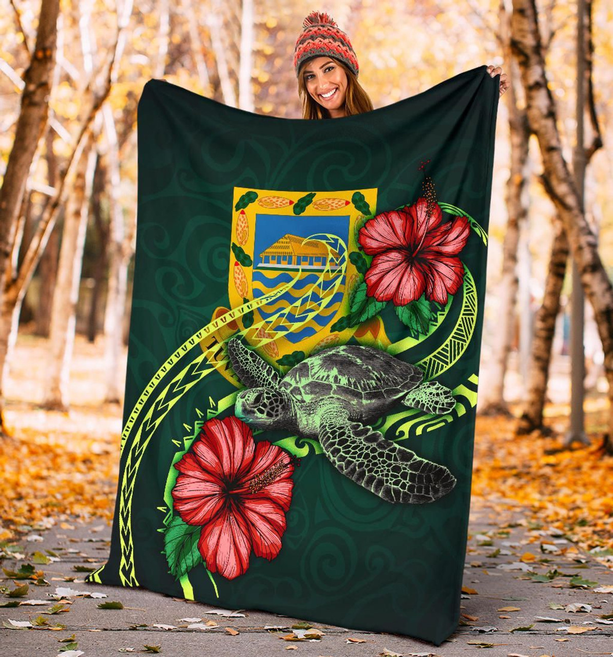 Tuvalu Polynesian Premium Blanket - Green Turtle Hibiscus 4