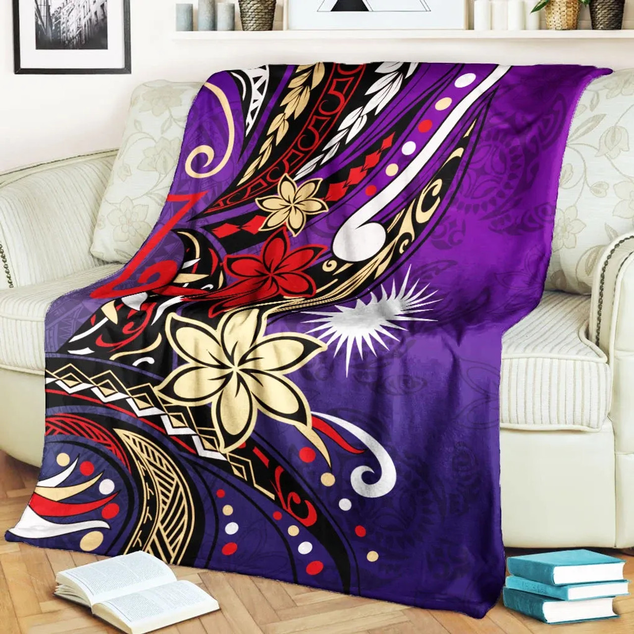 Marshall Islands Premium Blanket - Tribal Flower With Special Turtles Purple Color 2
