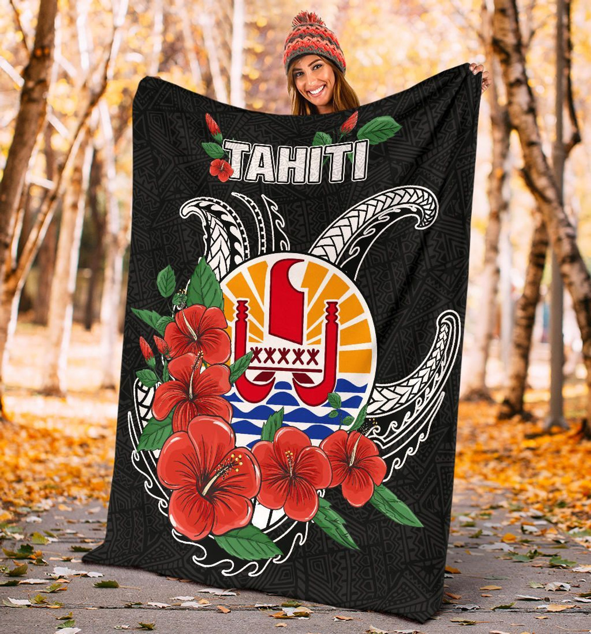 Tahiti Polynesian Premium Blanket - Hibiscus Coat of Arm Black 4