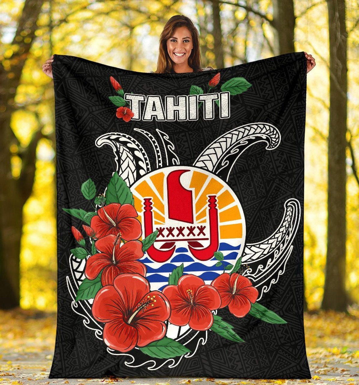 Tahiti Polynesian Premium Blanket - Hibiscus Coat of Arm Black 5