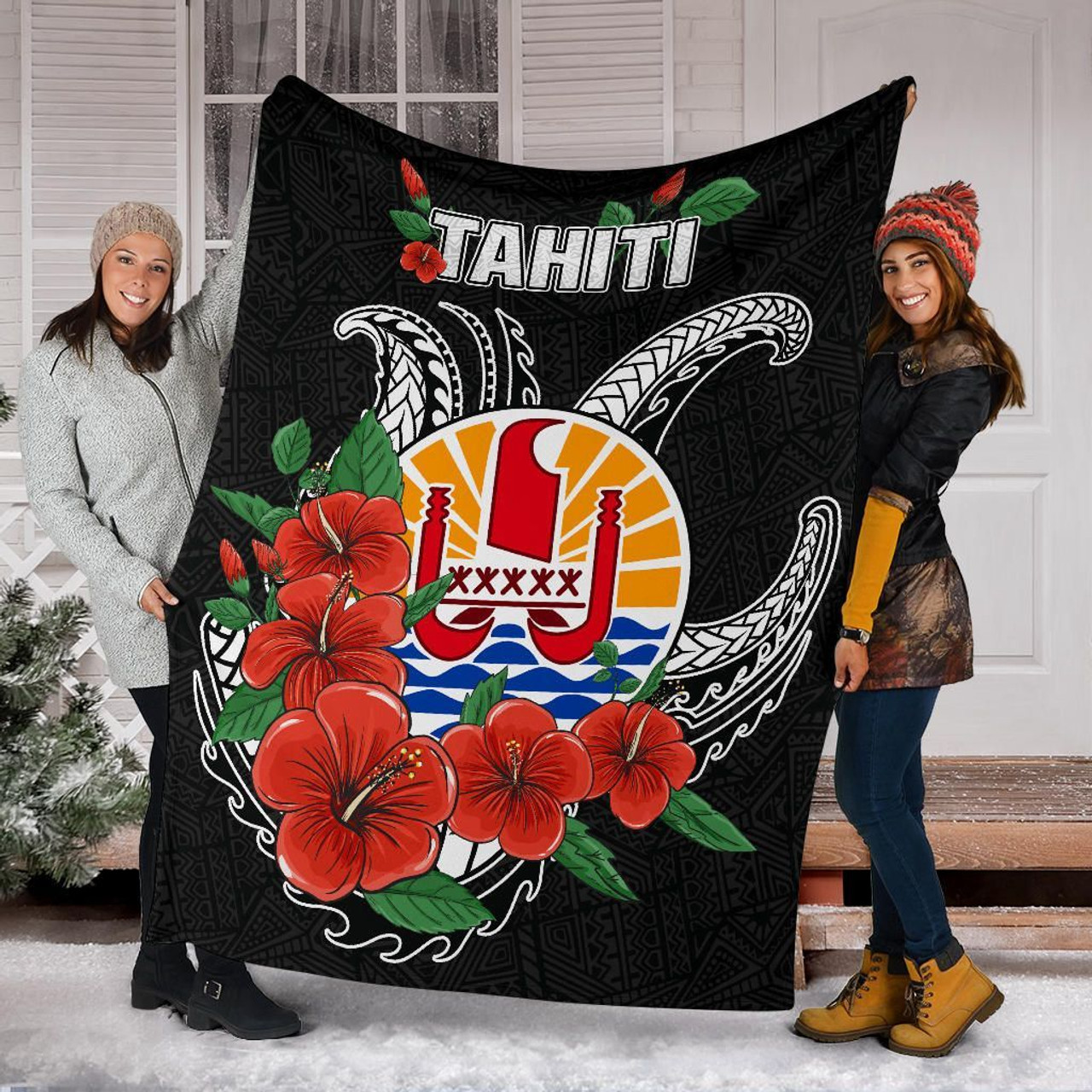 Tahiti Polynesian Premium Blanket - Hibiscus Coat of Arm Black 6