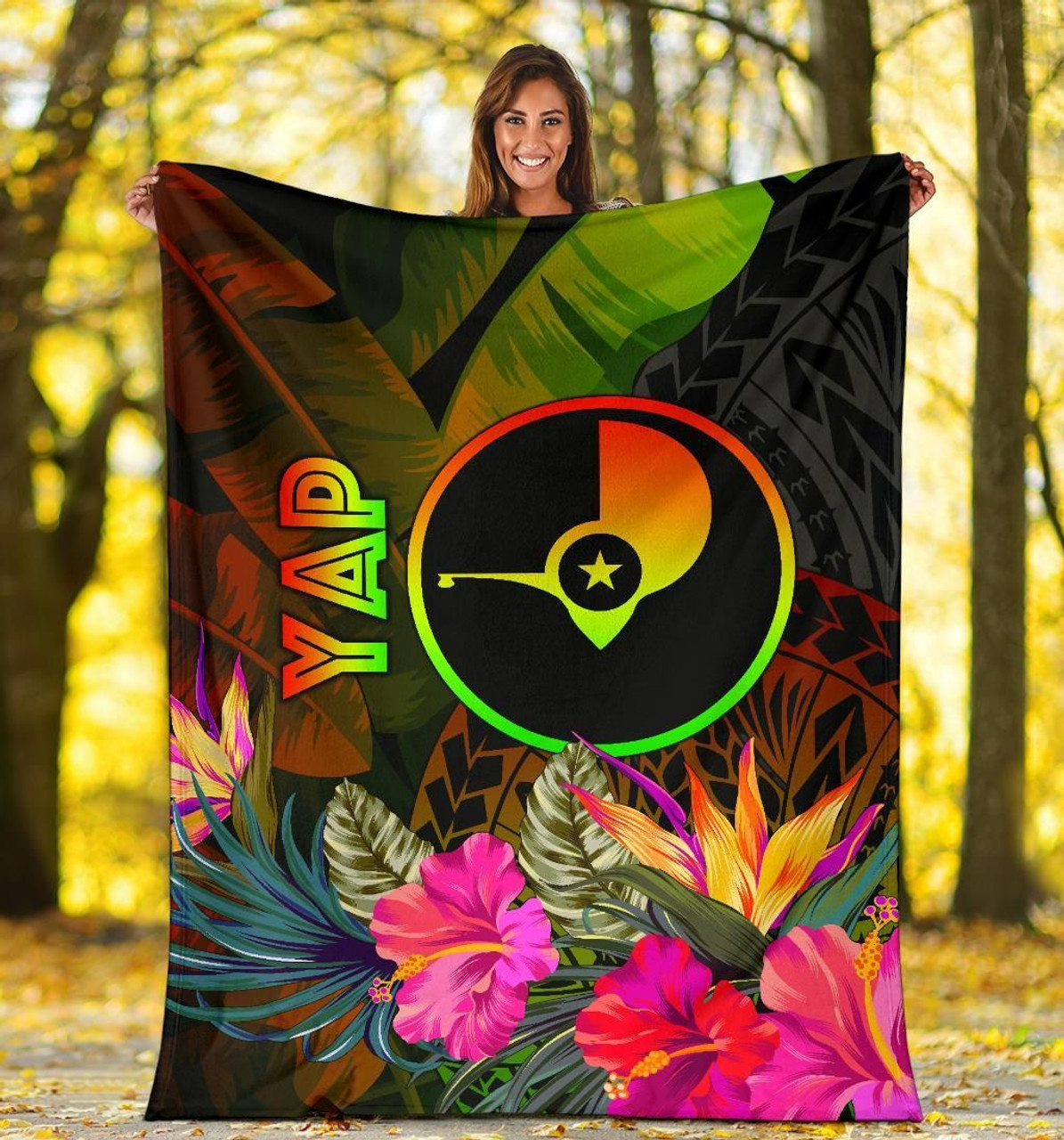 Yap Polynesian Premium Blanket -  Hibiscus and Banana Leaves 5