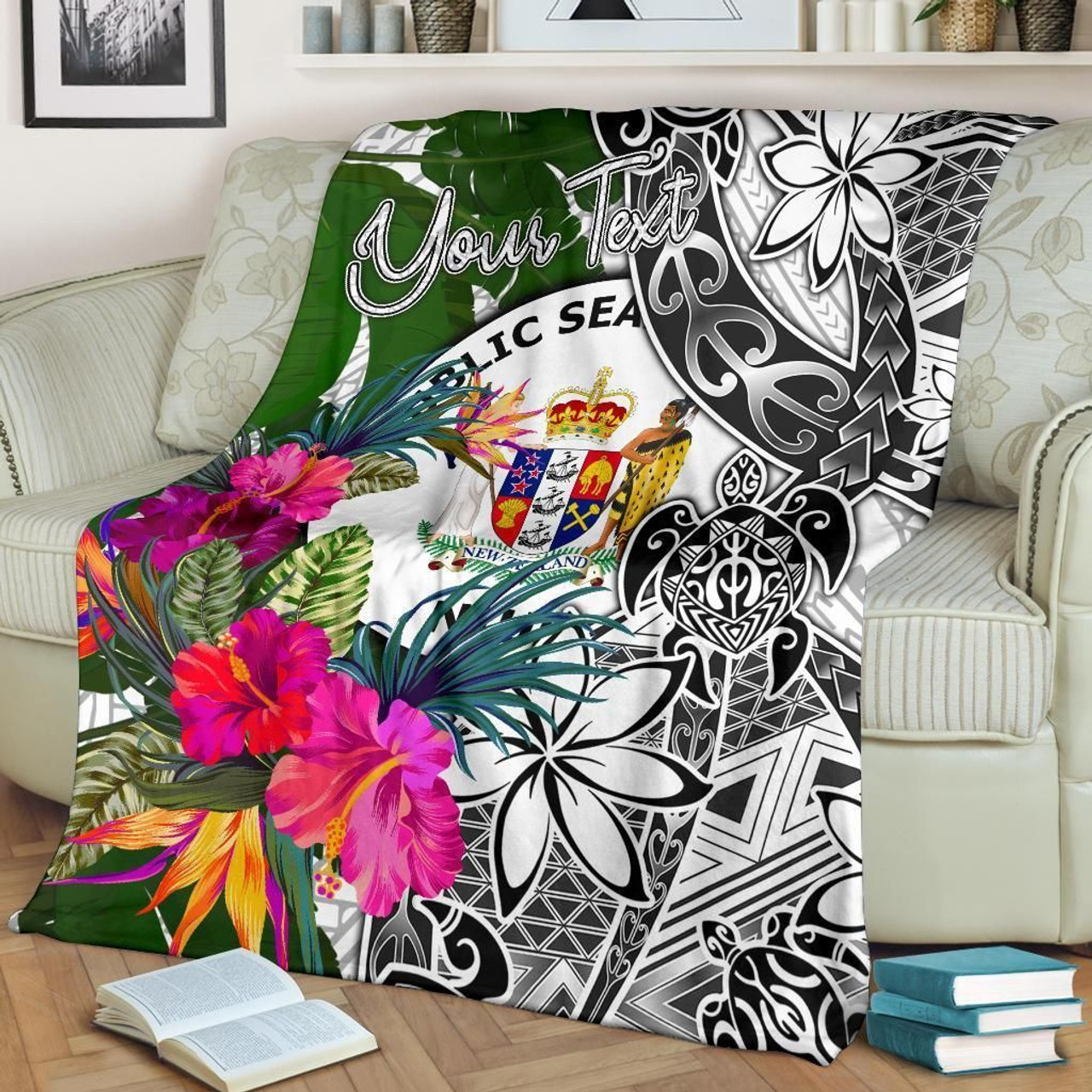 Niue Custom Personalised Premium Blanket White - Turtle Plumeria Banana Leaf 3