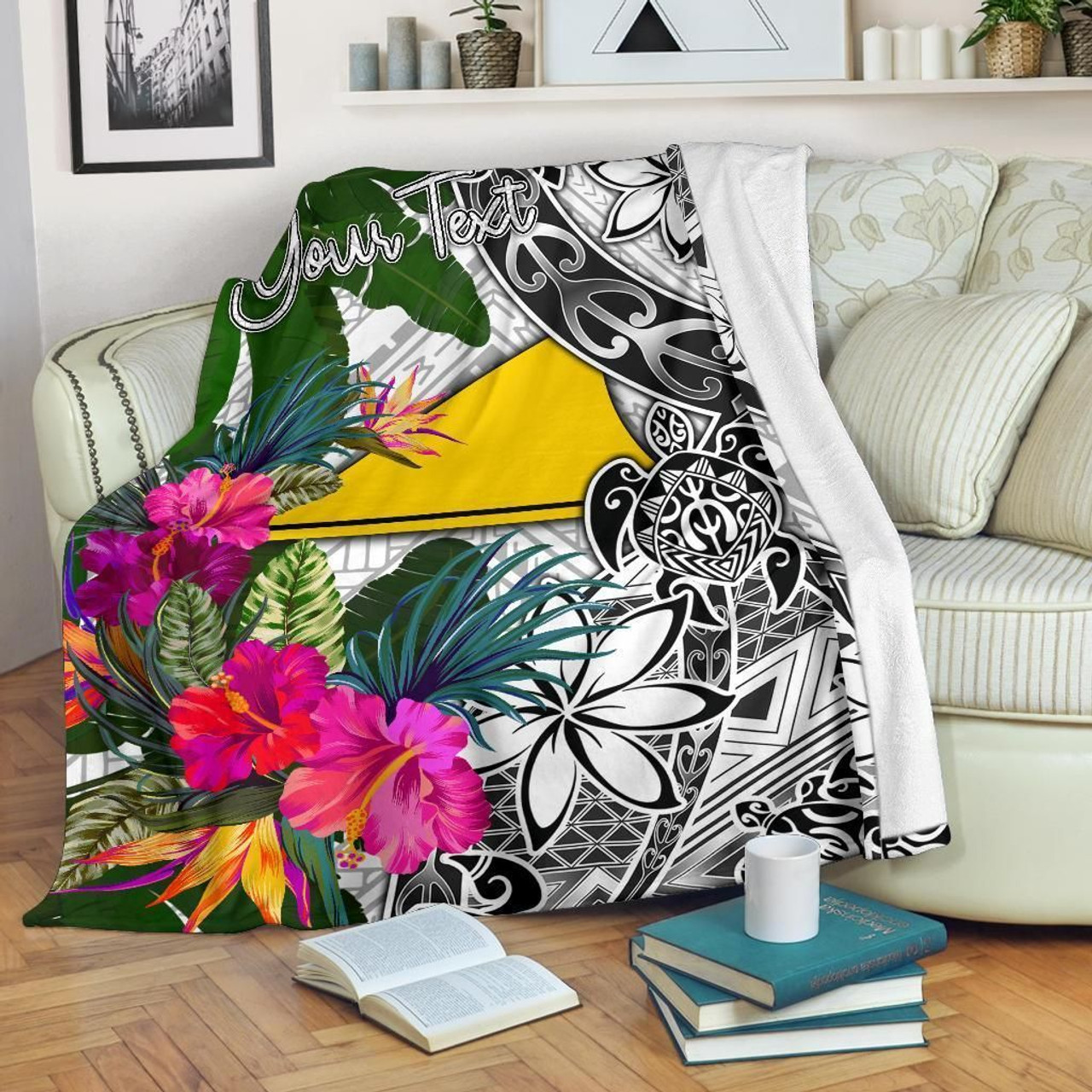 Tokelau Custom Personalised Premium Blanket White - Turtle Plumeria Banana Leaf 2