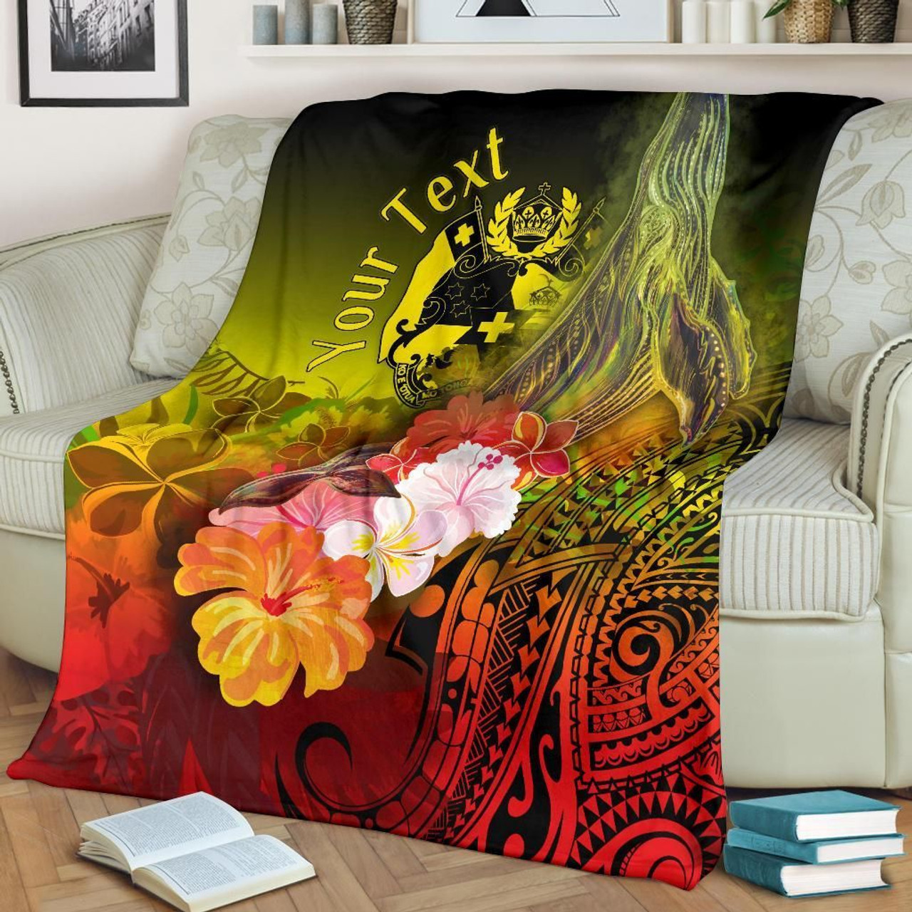 Tonga Custom Personalised Premium Blanket - Humpback Whale with Tropical Flowers (Yellow) 2