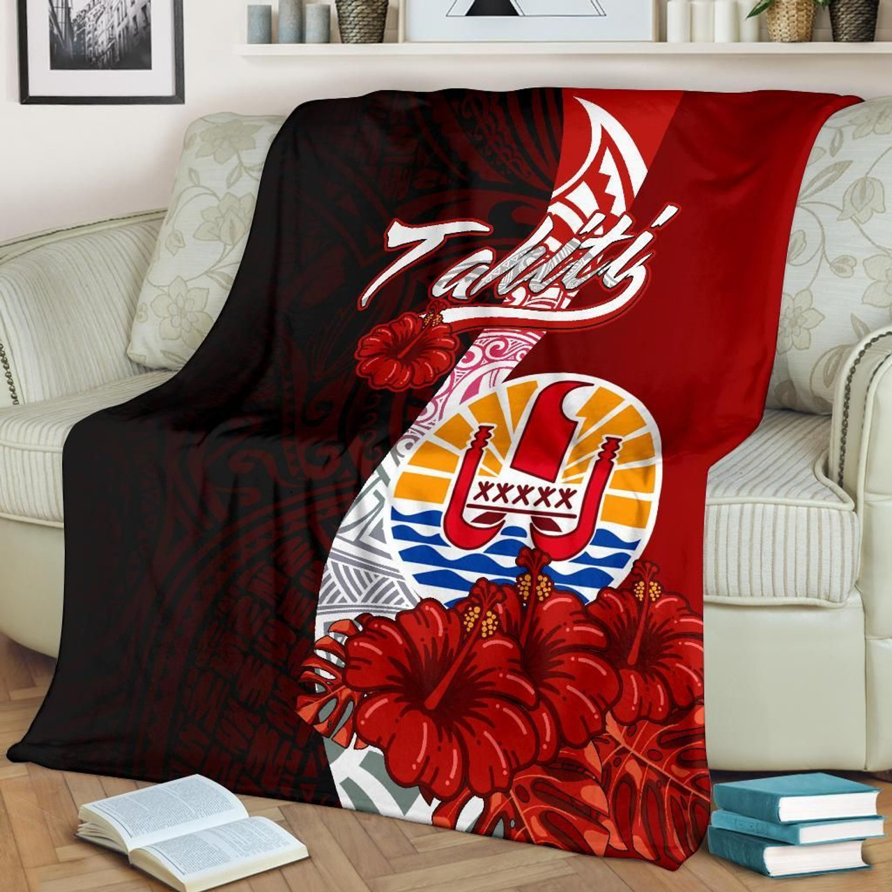 Tahiti Polynesian Premium Blanket - Coat Of Arm With Hibiscus 2