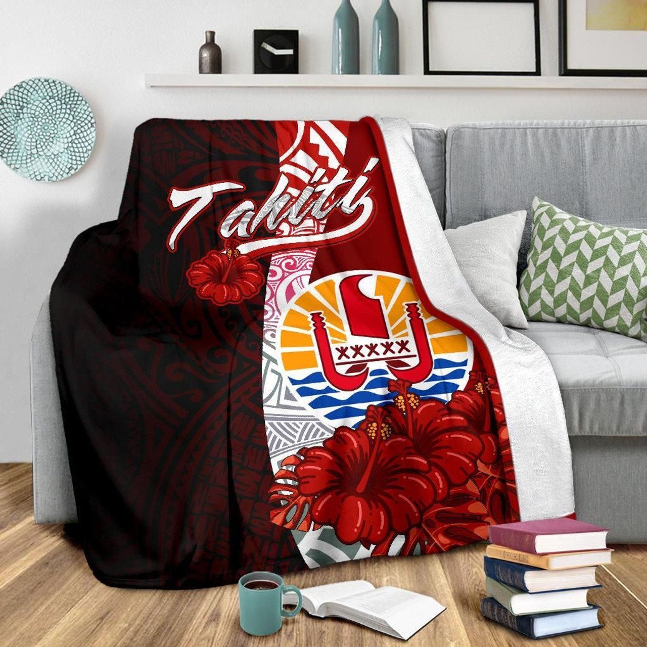 Tahiti Polynesian Premium Blanket - Coat Of Arm With Hibiscus 3