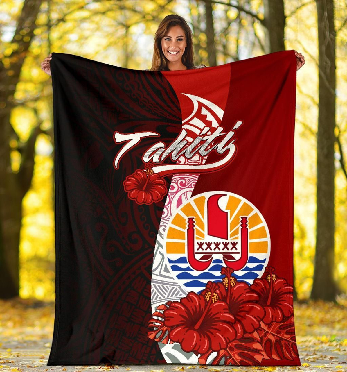 Tahiti Polynesian Premium Blanket - Coat Of Arm With Hibiscus 5