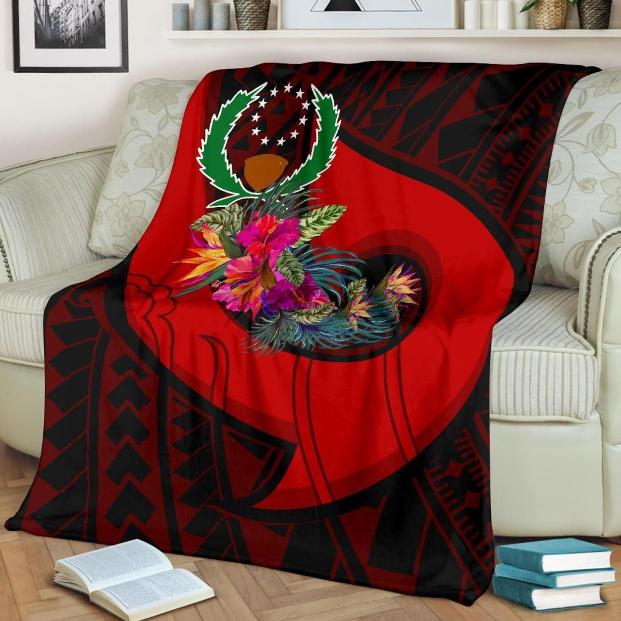 Pohnpei Premium Blanket - Polynesian Hook And Hibiscus (Red) 1