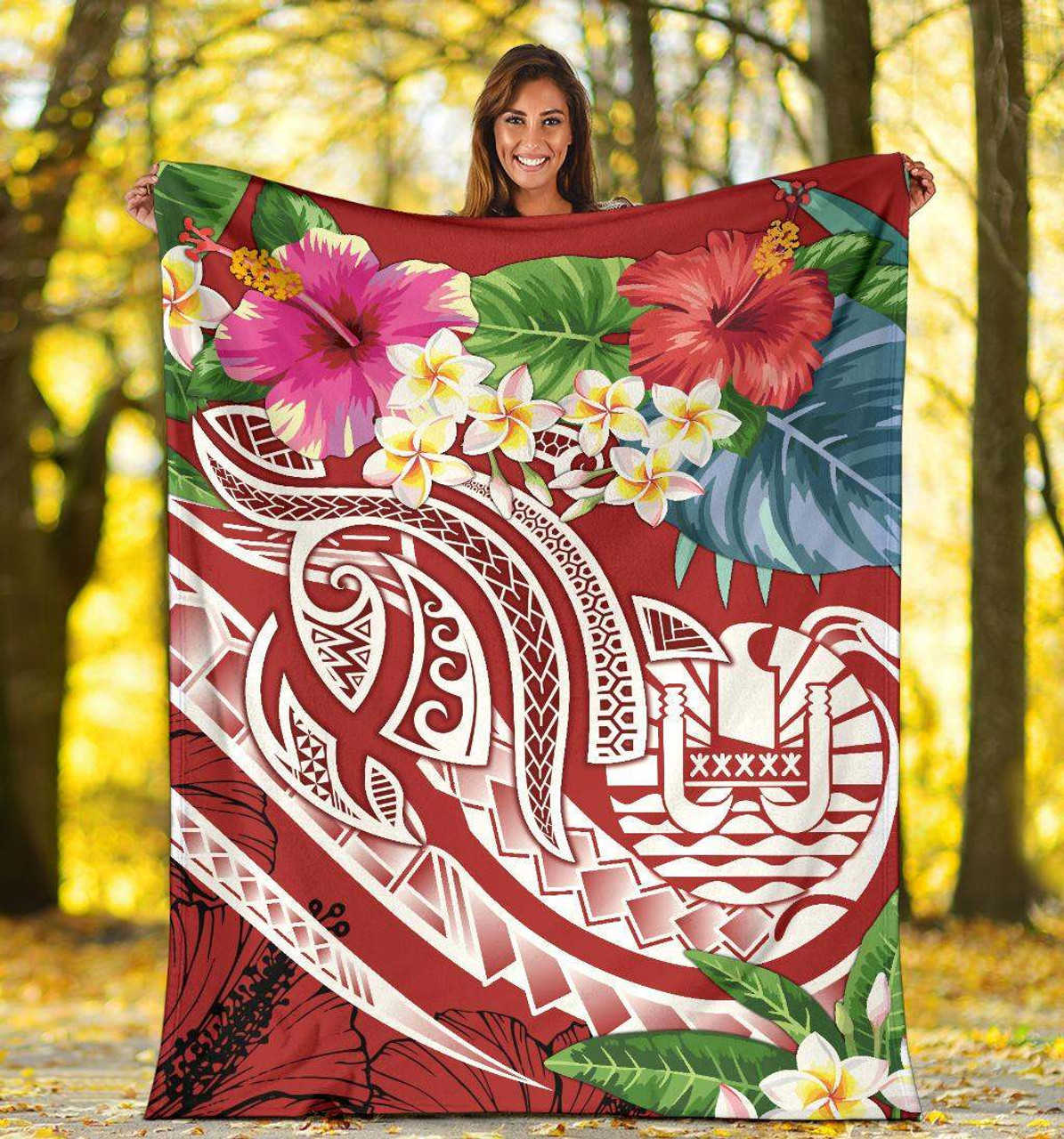 Tahiti Polynesian Premium Blanket - Summer Plumeria (Red) 5