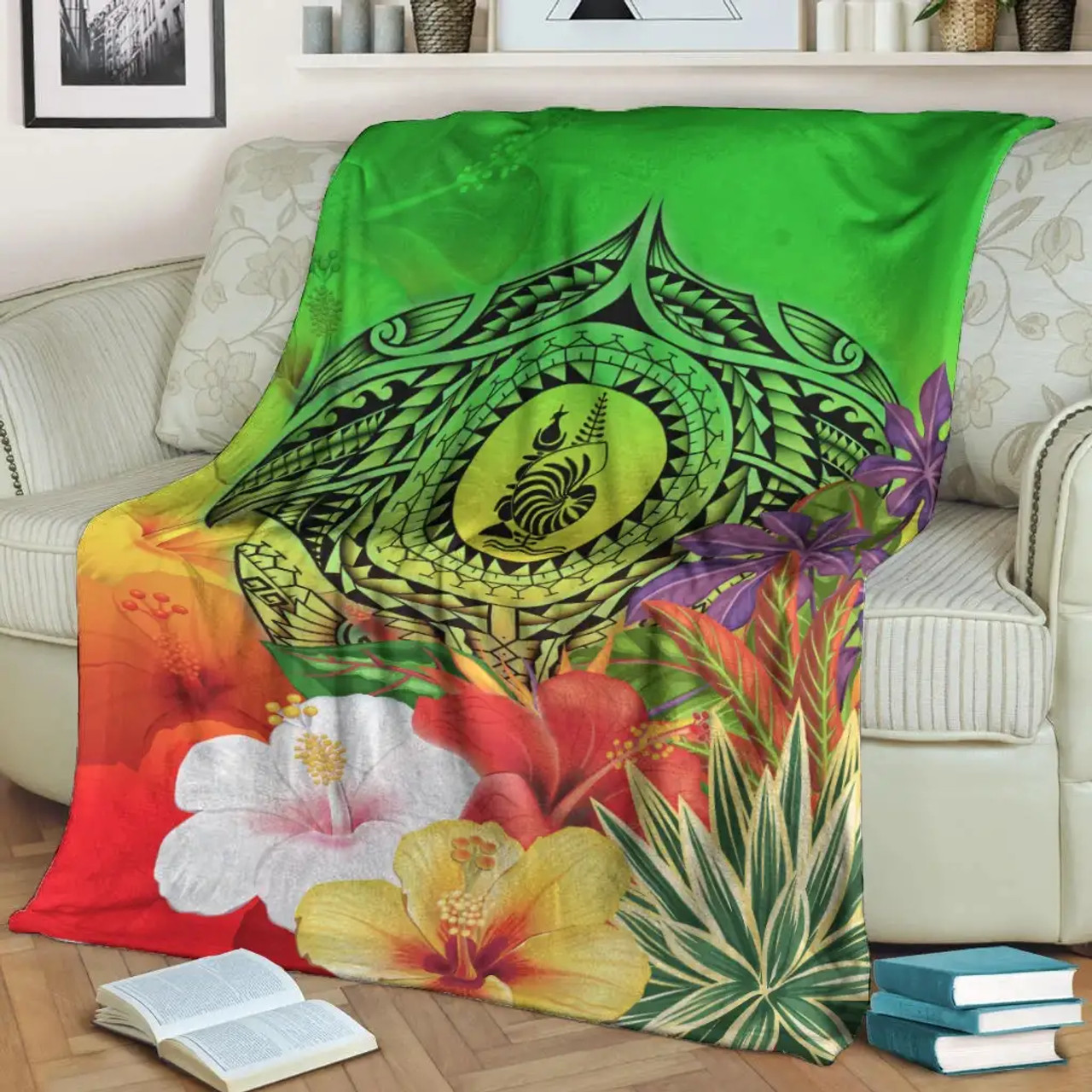 New Caledonia Premium Blanket - Manta Ray Tropical Flowers (Green) 3