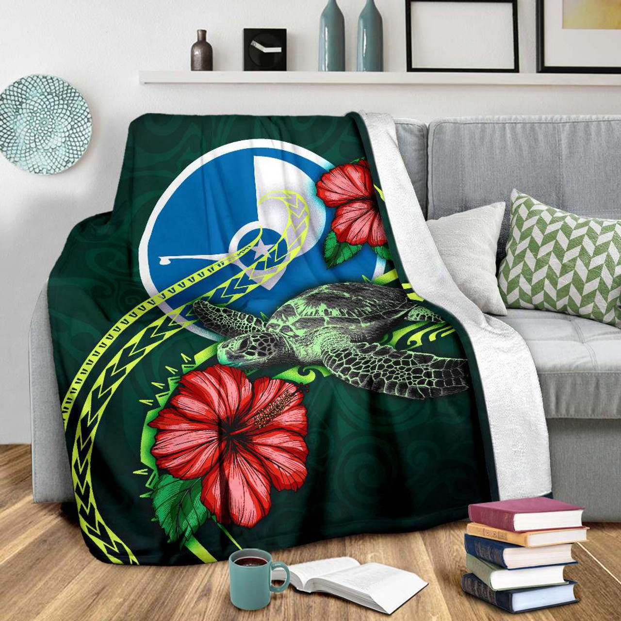 Yap Polynesian Premium Blanket - Green Turtle Hibiscus 3