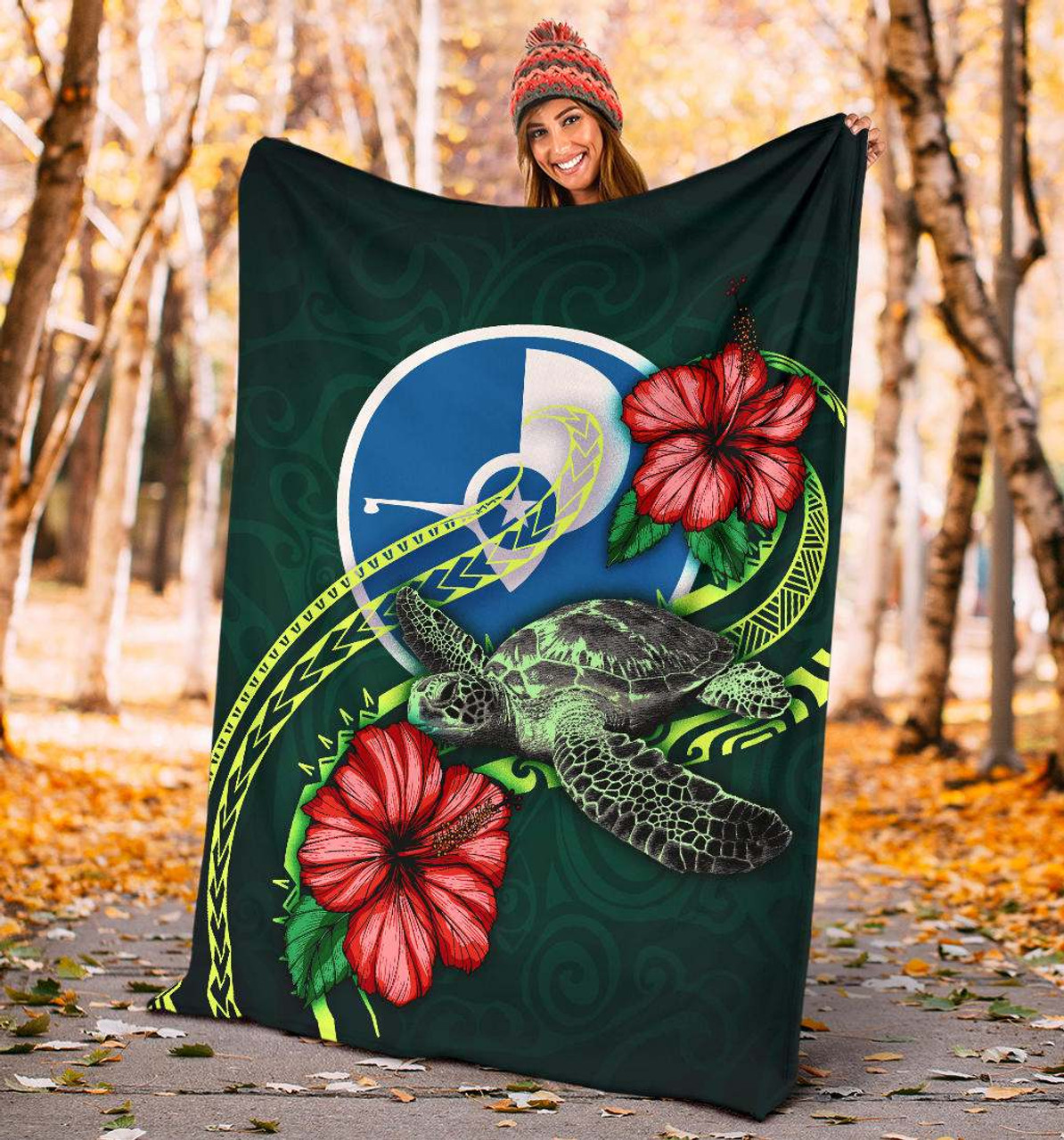 Yap Polynesian Premium Blanket - Green Turtle Hibiscus 4