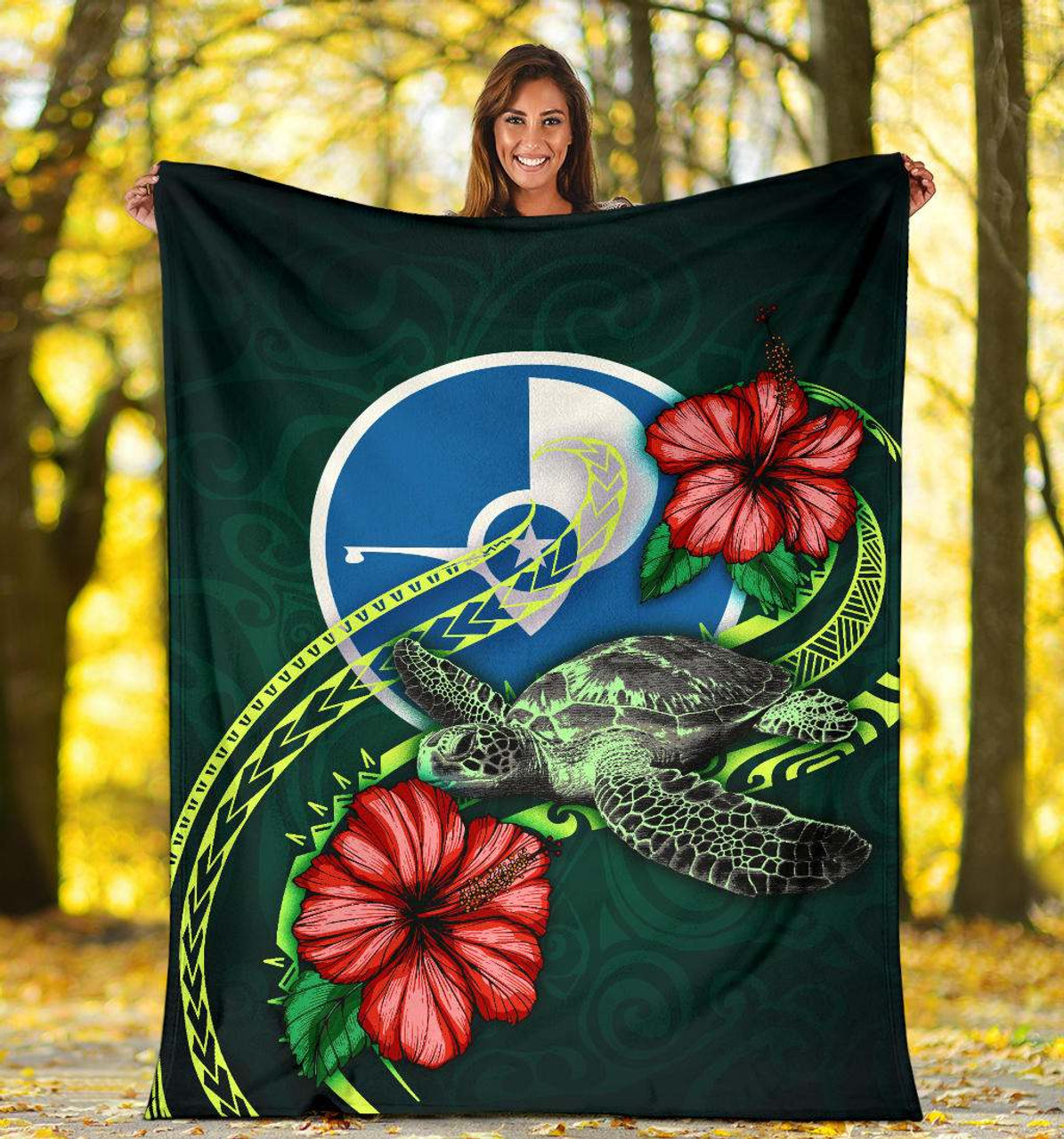 Yap Polynesian Premium Blanket - Green Turtle Hibiscus 5