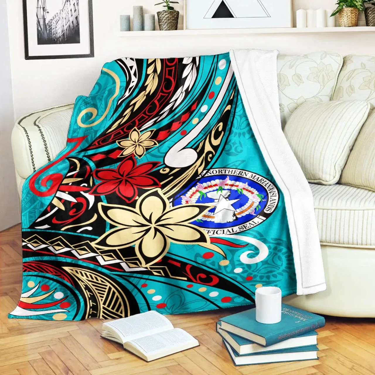 Northern Mariana Islands Premium Blanket - Tribal Flower With Special Turtles Blue Color 1