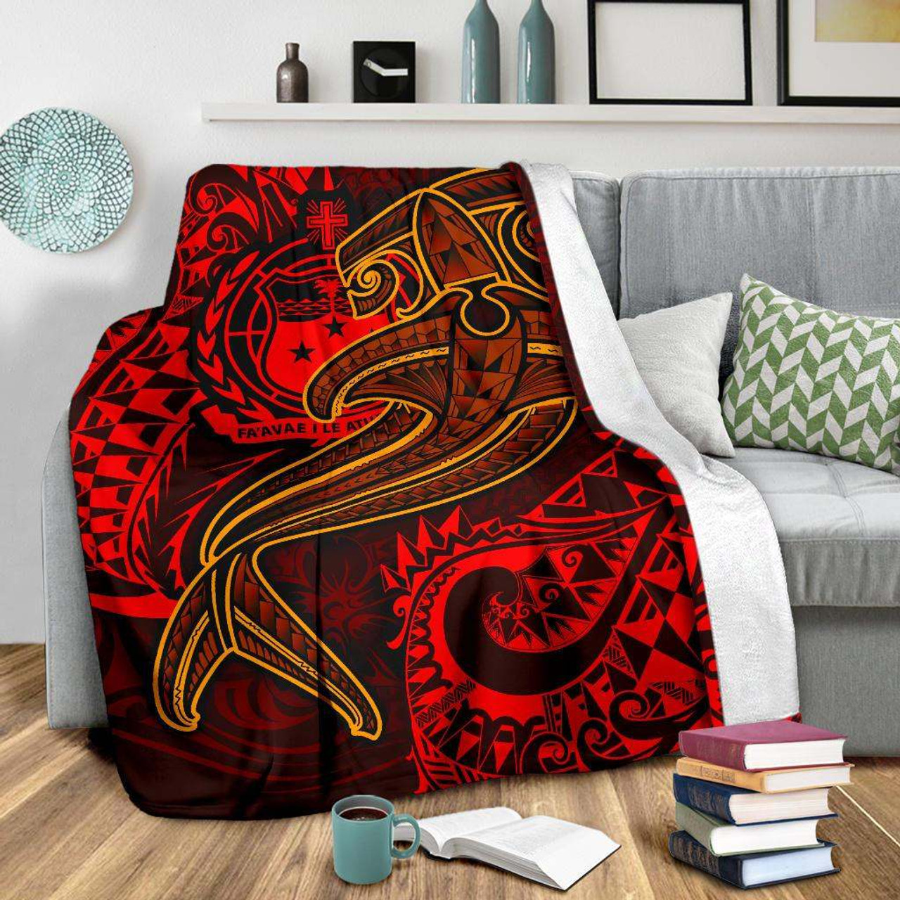 Samoa Premium Blanket - Red Shark Polynesian Tattoo 3