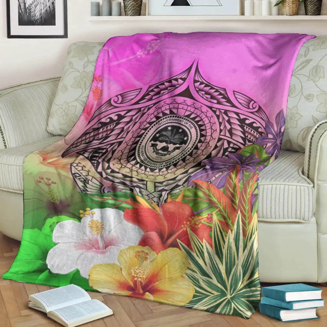 Fsm Polynesian Premium Blanket - Manta Ray Tropical Flowers 3