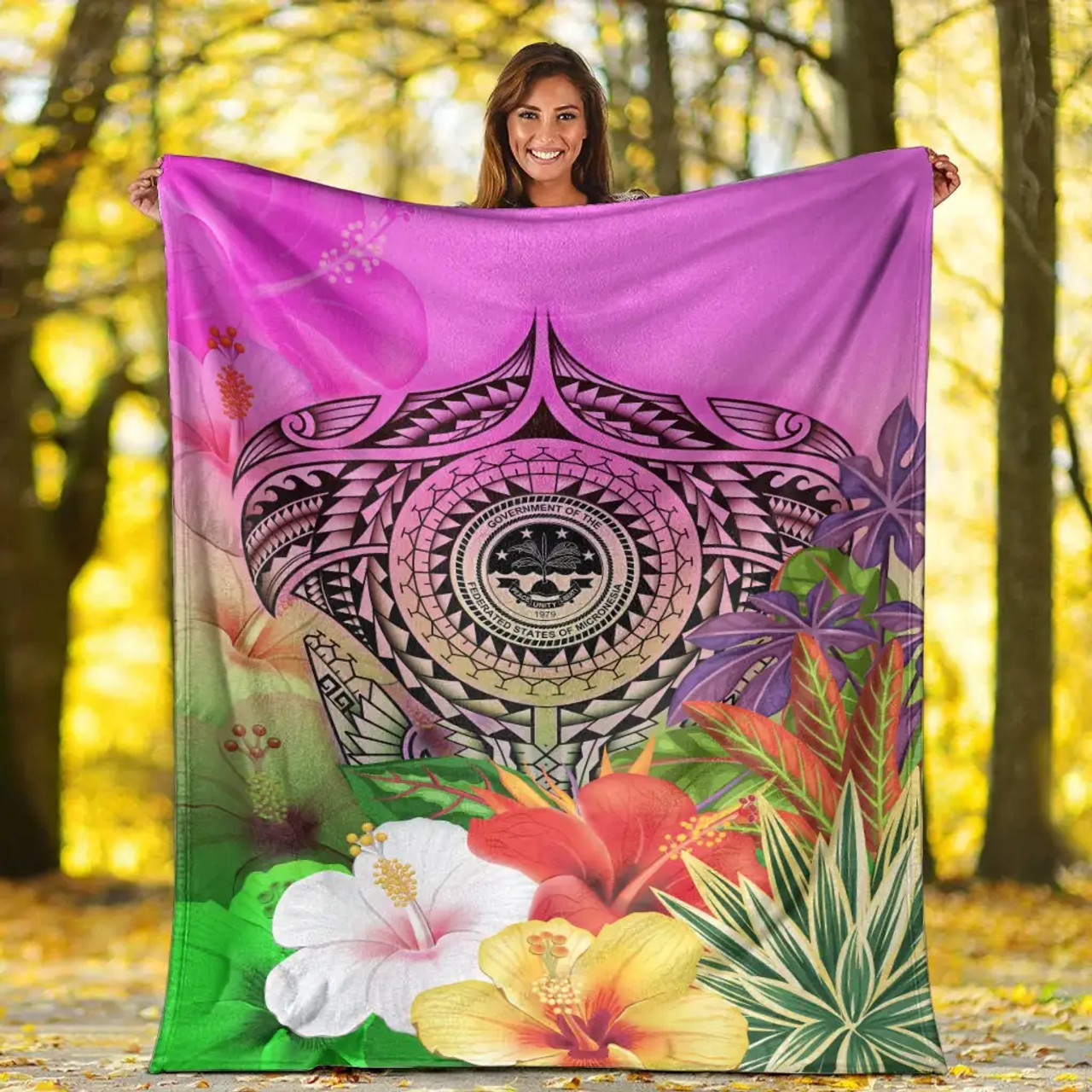 Fsm Polynesian Premium Blanket - Manta Ray Tropical Flowers 5