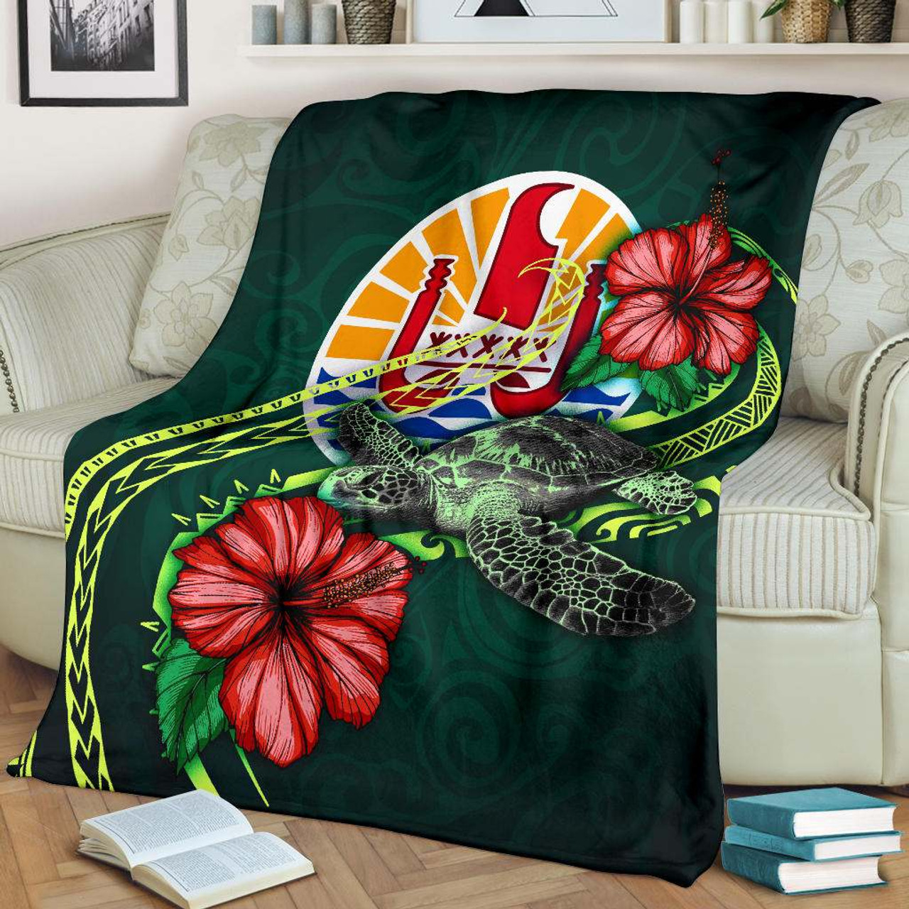 Tahiti Polynesian Premium Blanket - Green Turtle Hibiscus 2