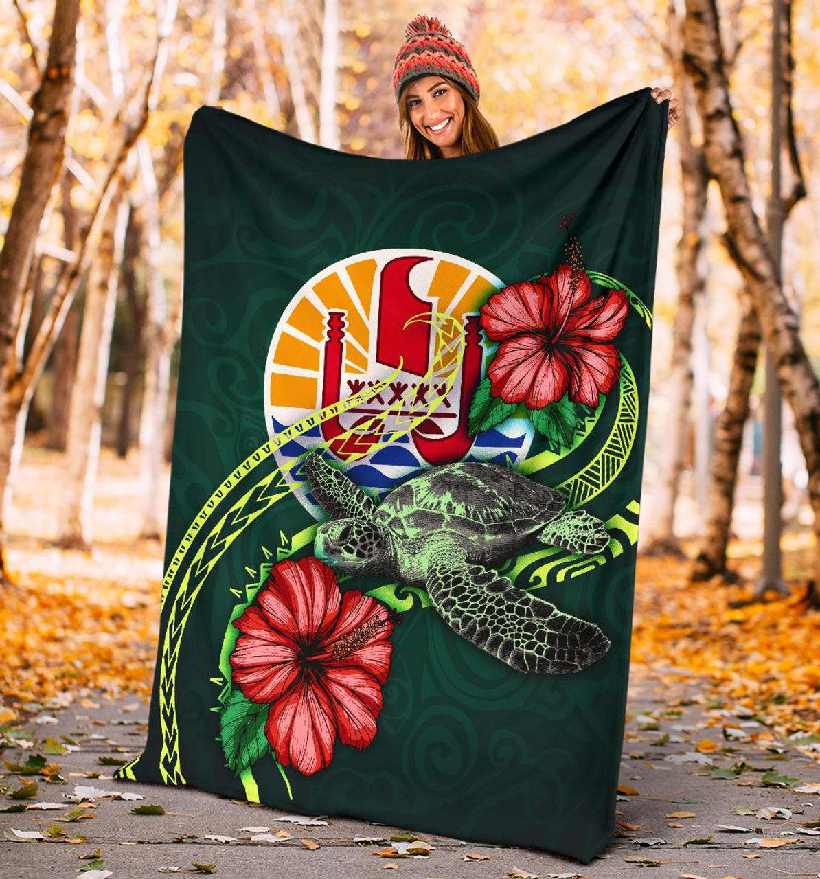 Tahiti Polynesian Premium Blanket - Green Turtle Hibiscus 4