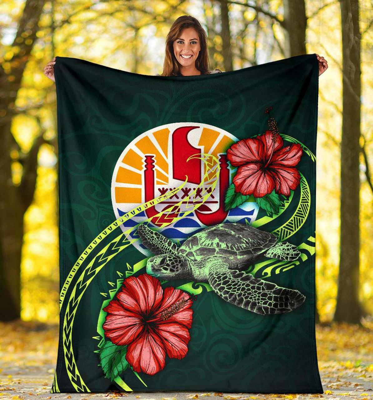 Tahiti Polynesian Premium Blanket - Green Turtle Hibiscus 5