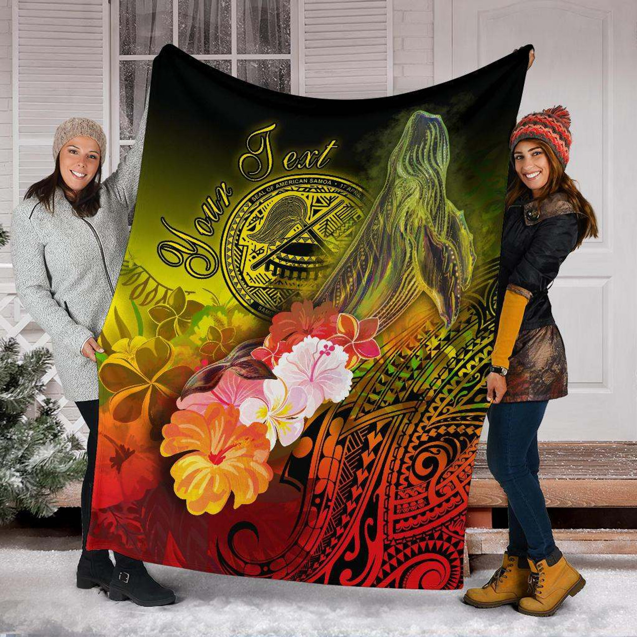 American Samoa Polynesian Custom Personalised Premium Blanket - Humpback Whale with Tropical Flowers 6