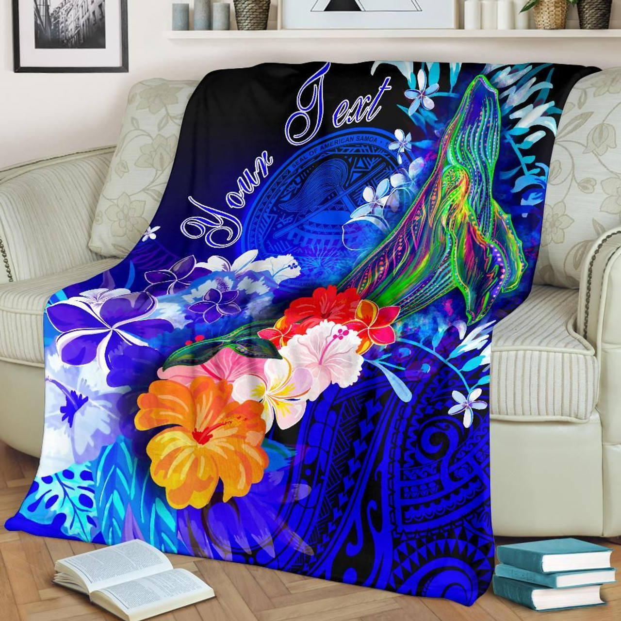 American Samoa Polynesian Custom Personalised Premium Blanket - Humpback Whale with Tropical Flowers 2