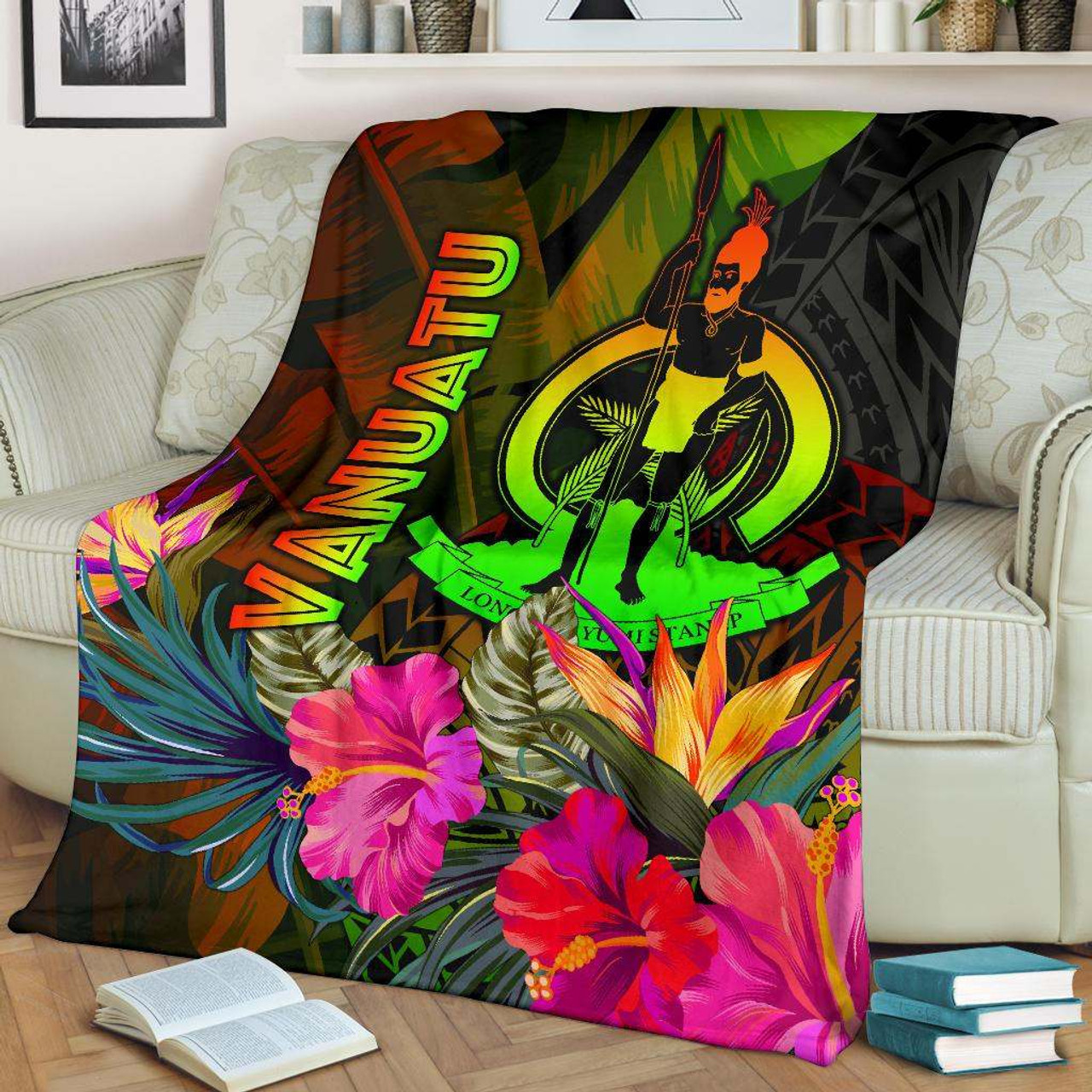 Vanuatu Polynesian Premium Blanket -  Hibiscus and Banana Leaves 2