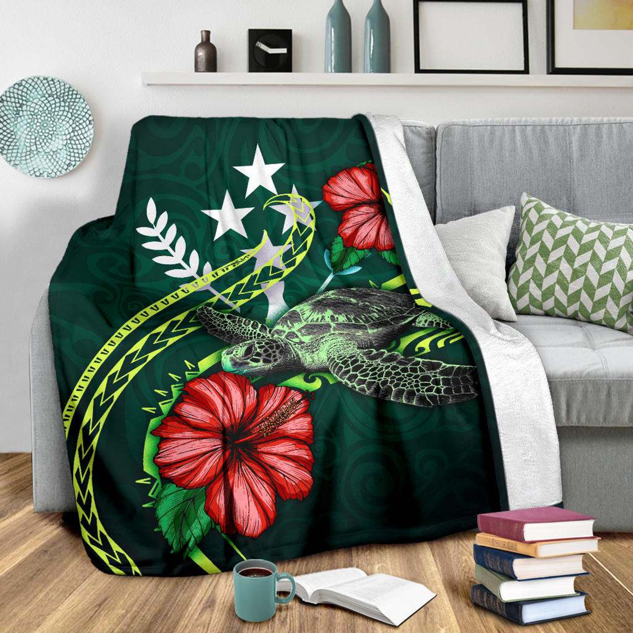 Kosrae Polynesian Premium Blanket - Green Turtle Hibiscus 3
