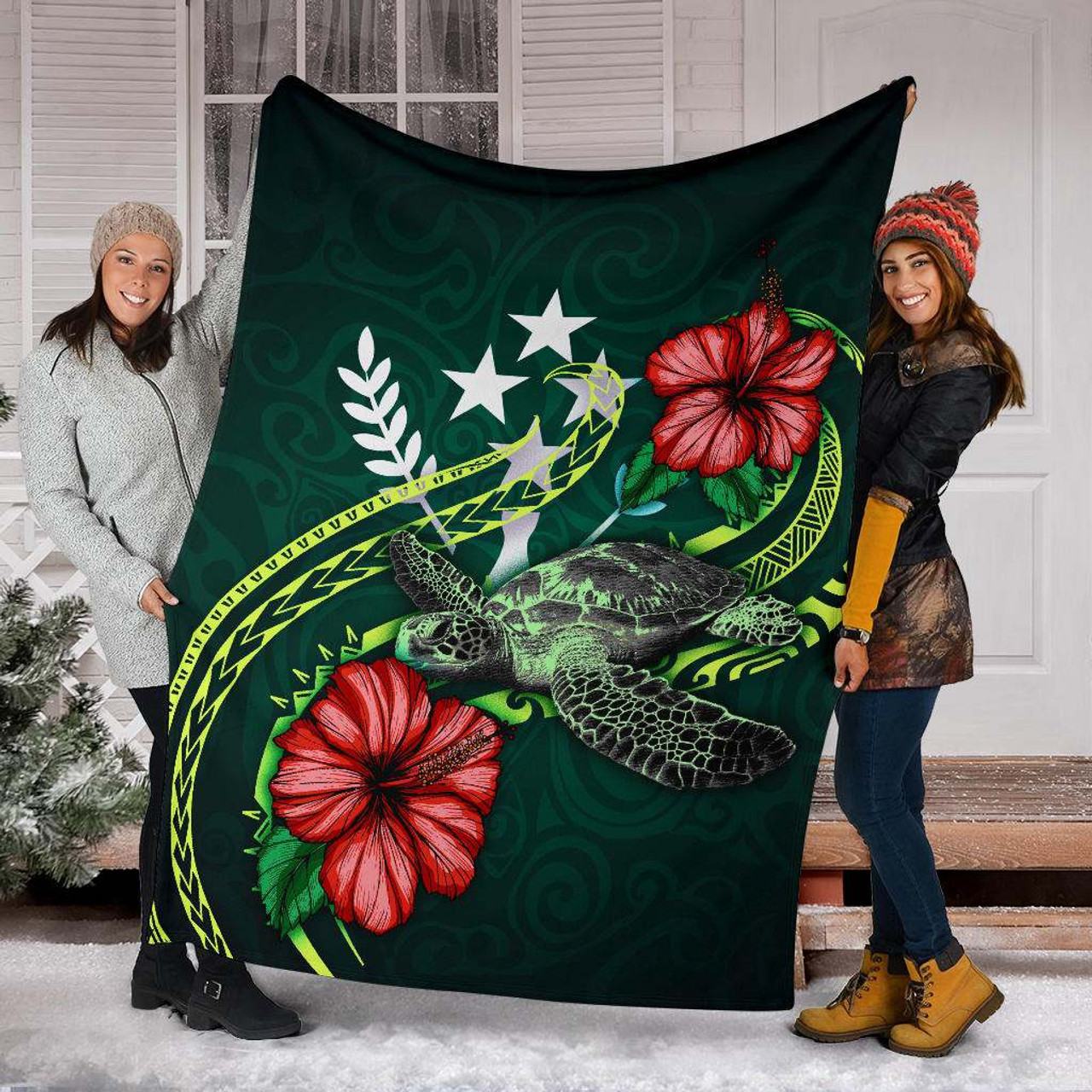 Kosrae Polynesian Premium Blanket - Green Turtle Hibiscus 6