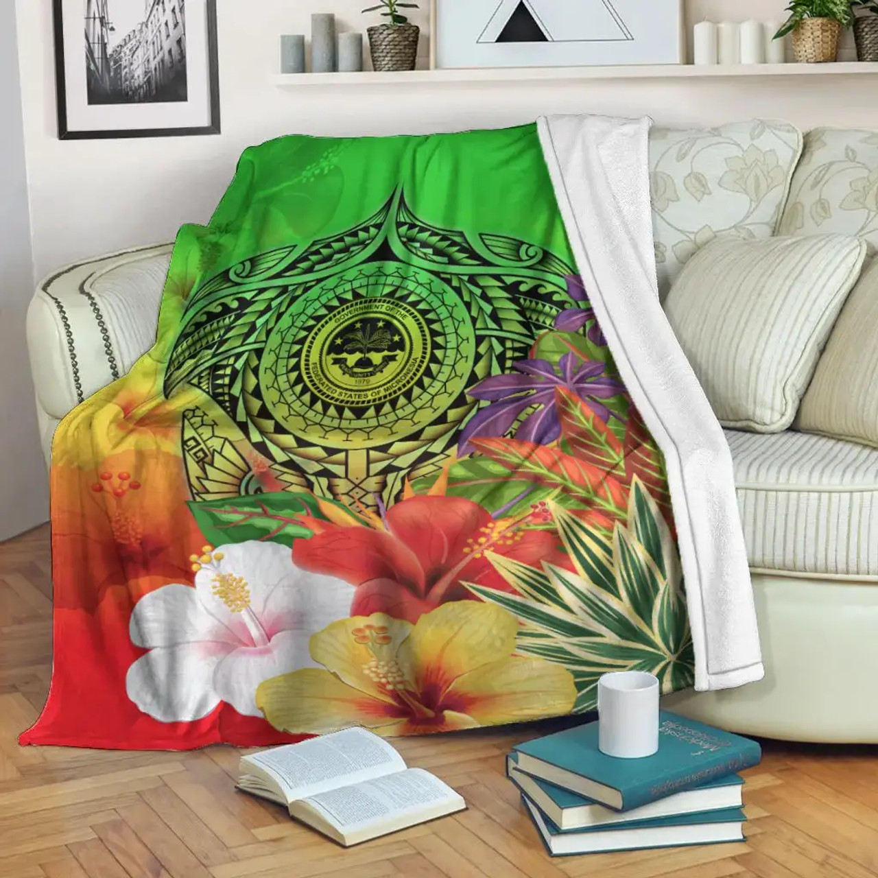 Fsm Polynesian Premium Blanket - Manta Ray Tropical Flowers (Green) 2