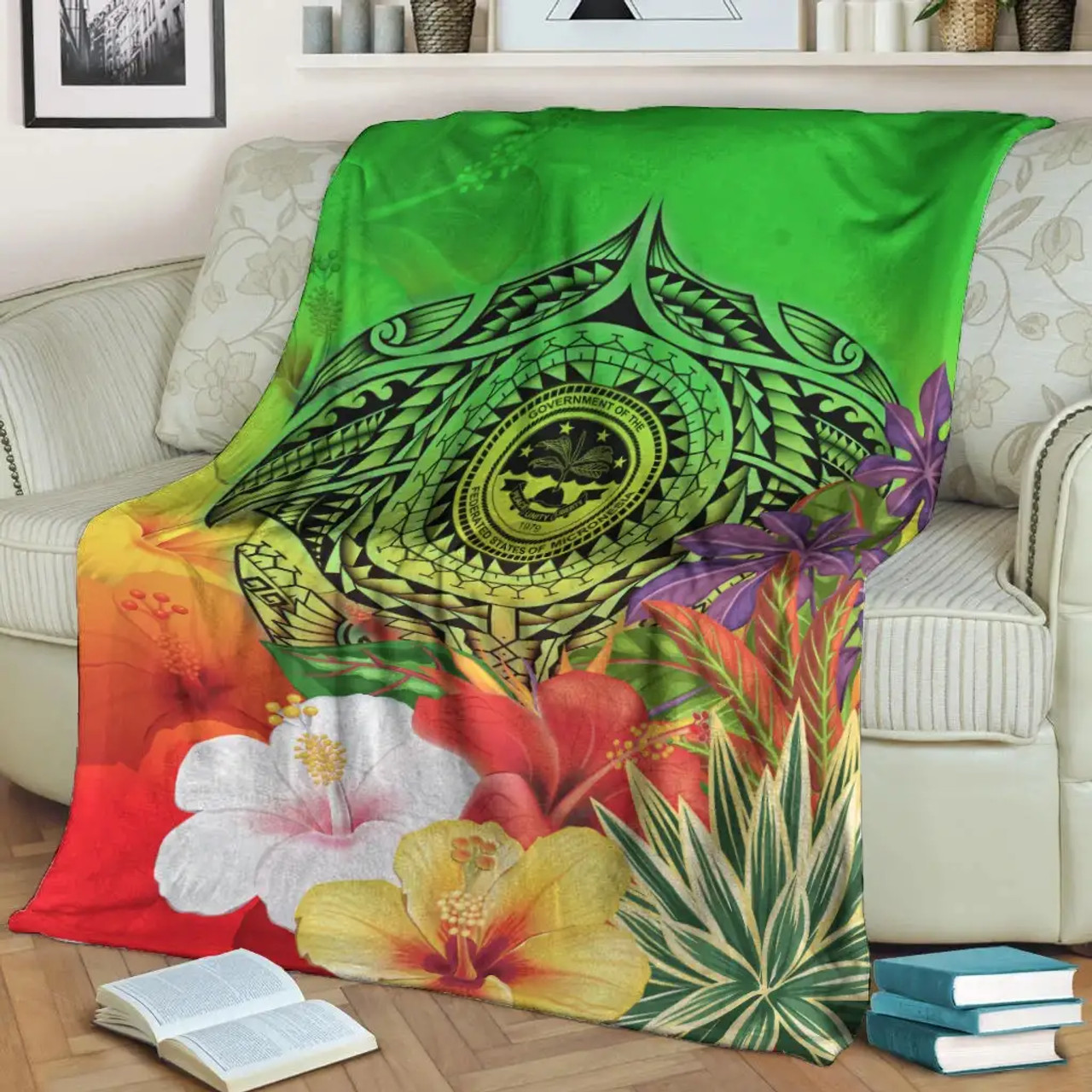 Fsm Polynesian Premium Blanket - Manta Ray Tropical Flowers (Green) 3