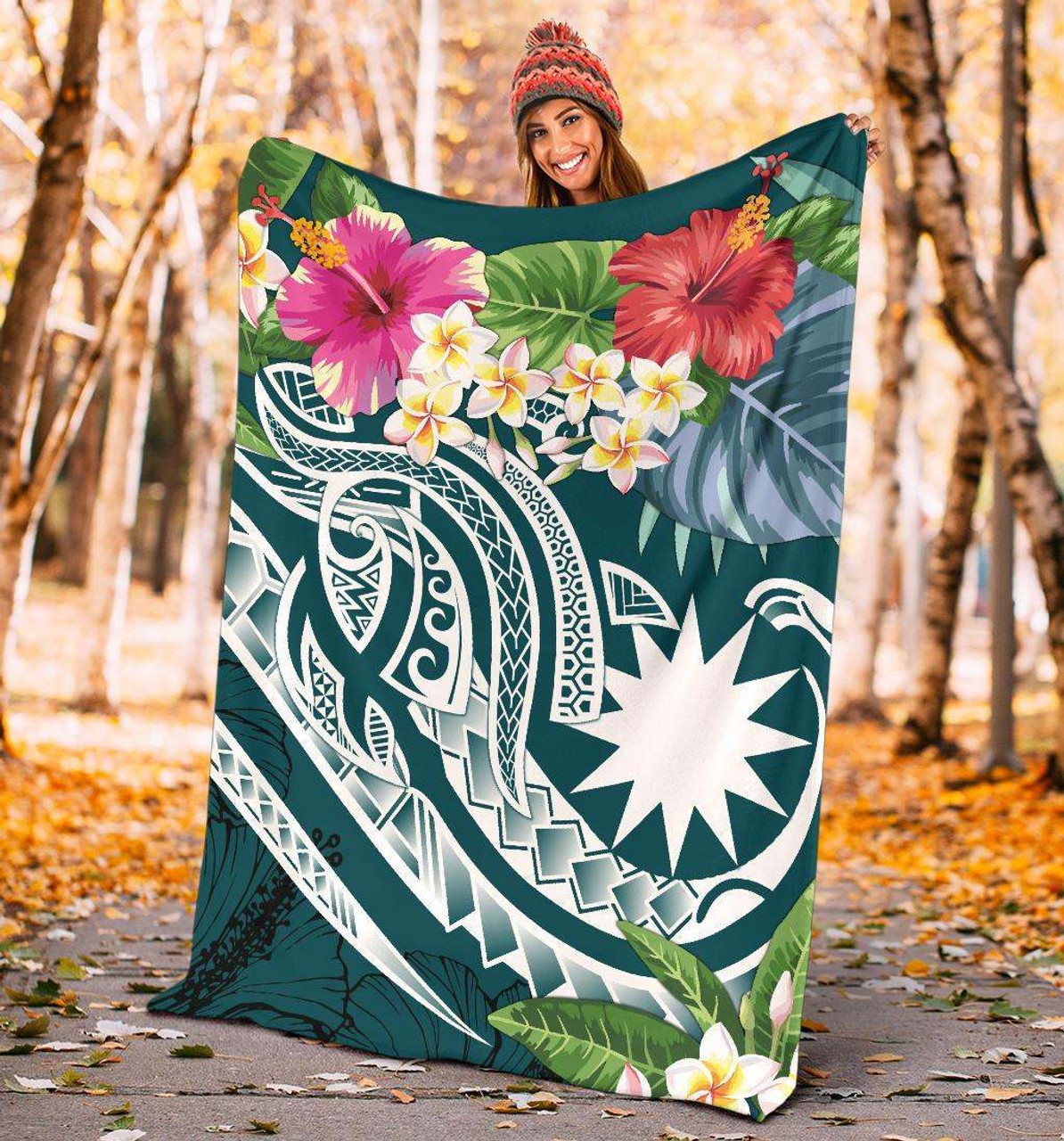 Nauru Polynesian Premium Blanket - Summer Plumeria (Turquoise) 4