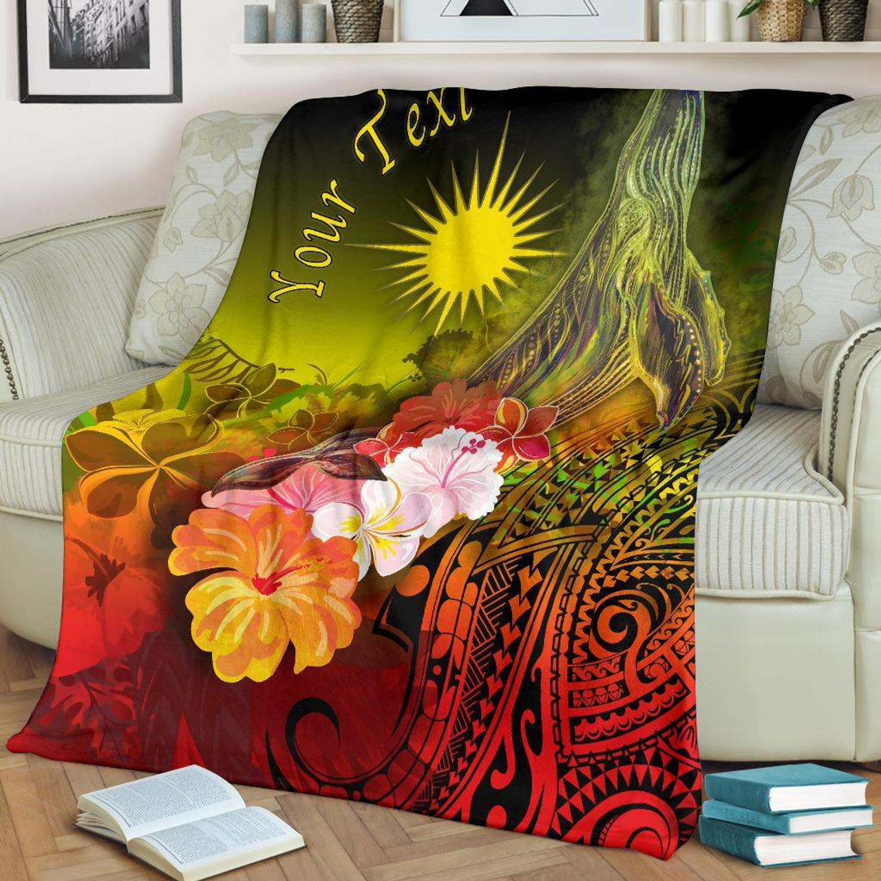 Marshall Islands Custom Personalised Premium Blanket - Humpback Whale with Tropical Flowers (Yellow) 2