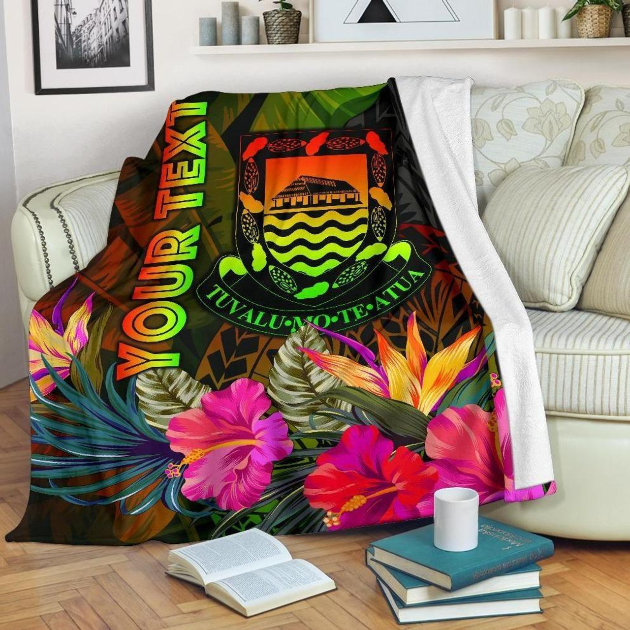 Tuvalu Polynesian Personalised Premium Blanket -  Hibiscus and Banana Leaves 1