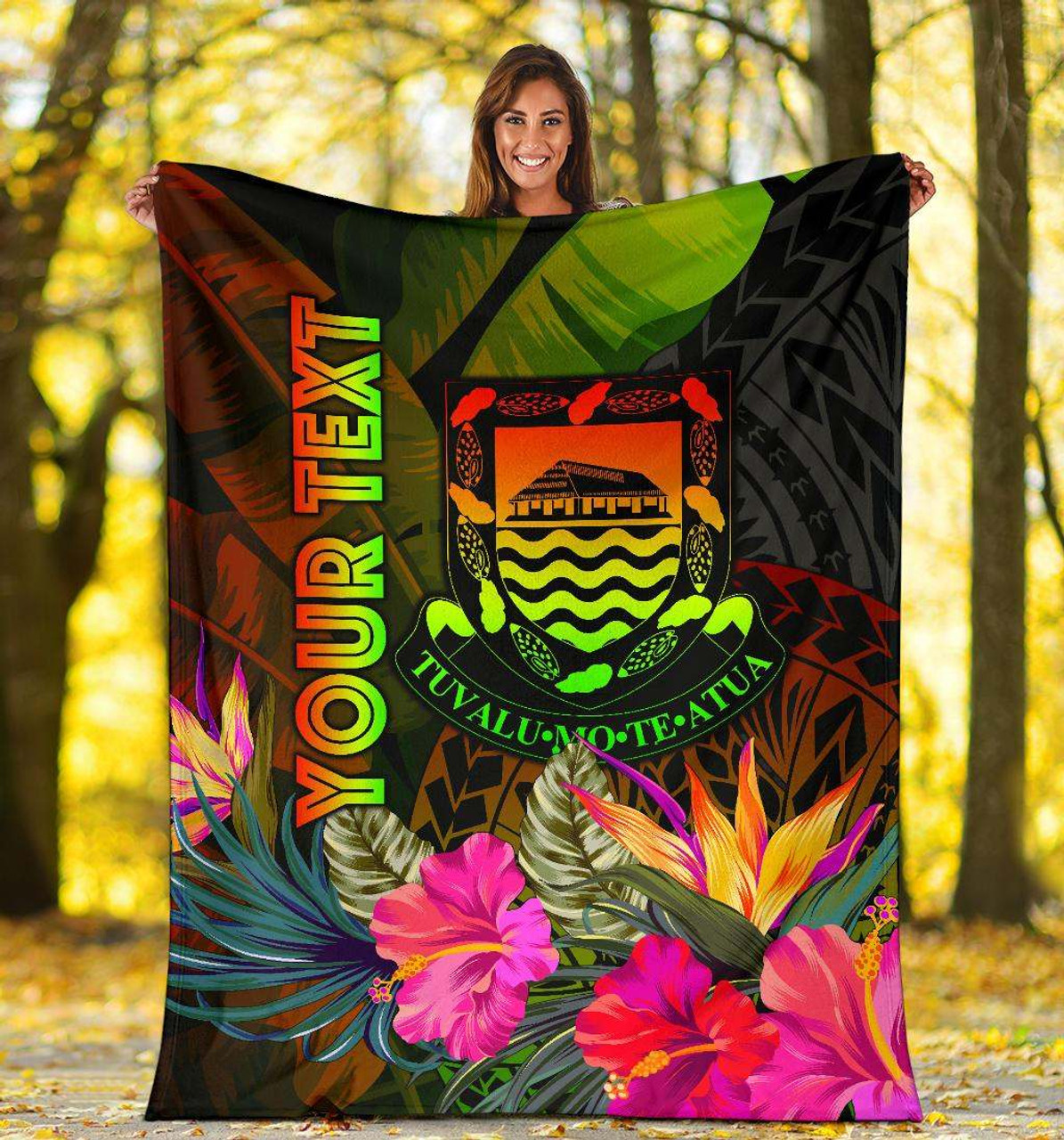 Tuvalu Polynesian Personalised Premium Blanket -  Hibiscus and Banana Leaves 5