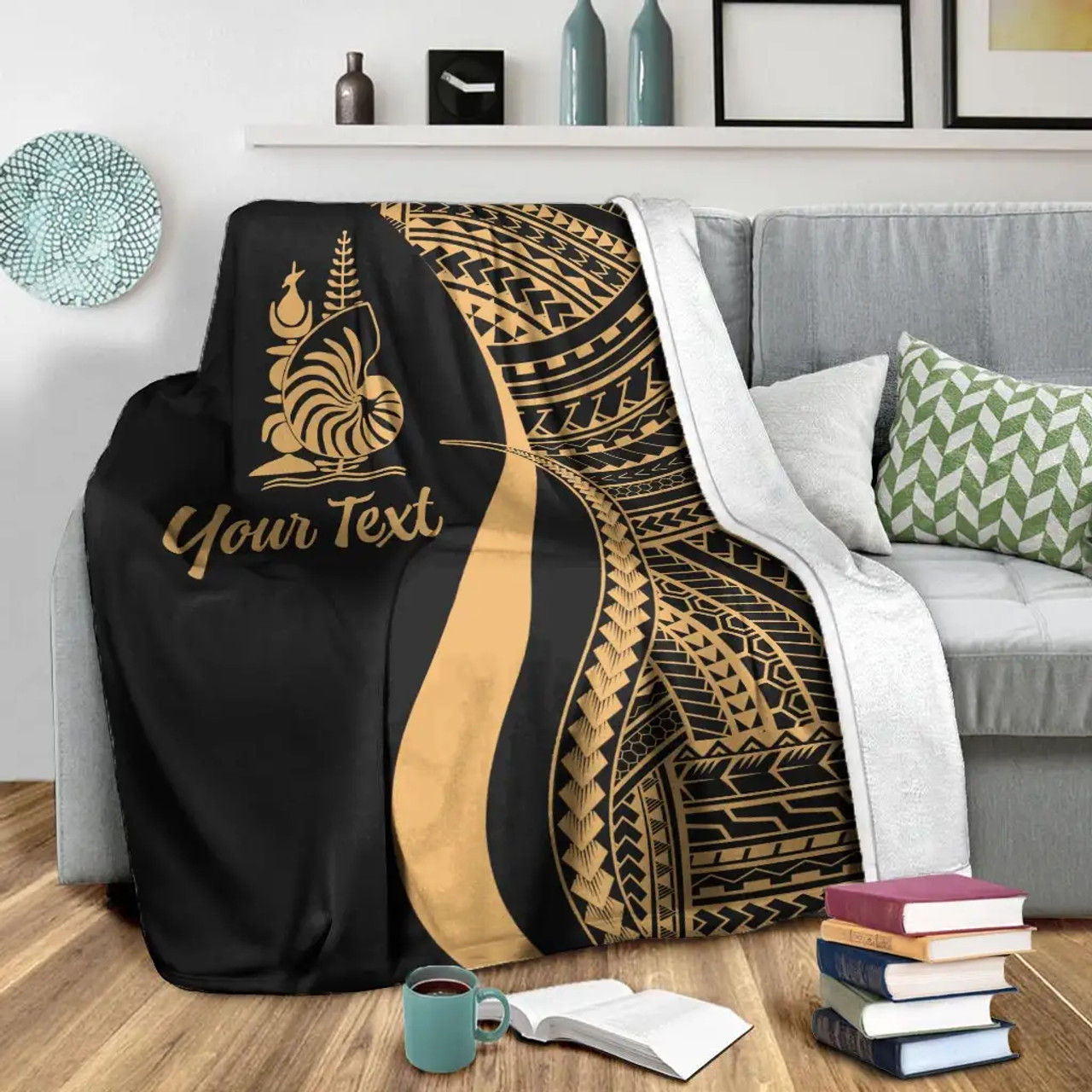 New Caledonia Custom Personalised Premium Blanket - Gold Polynesian Tentacle Tribal Pattern Crest 3