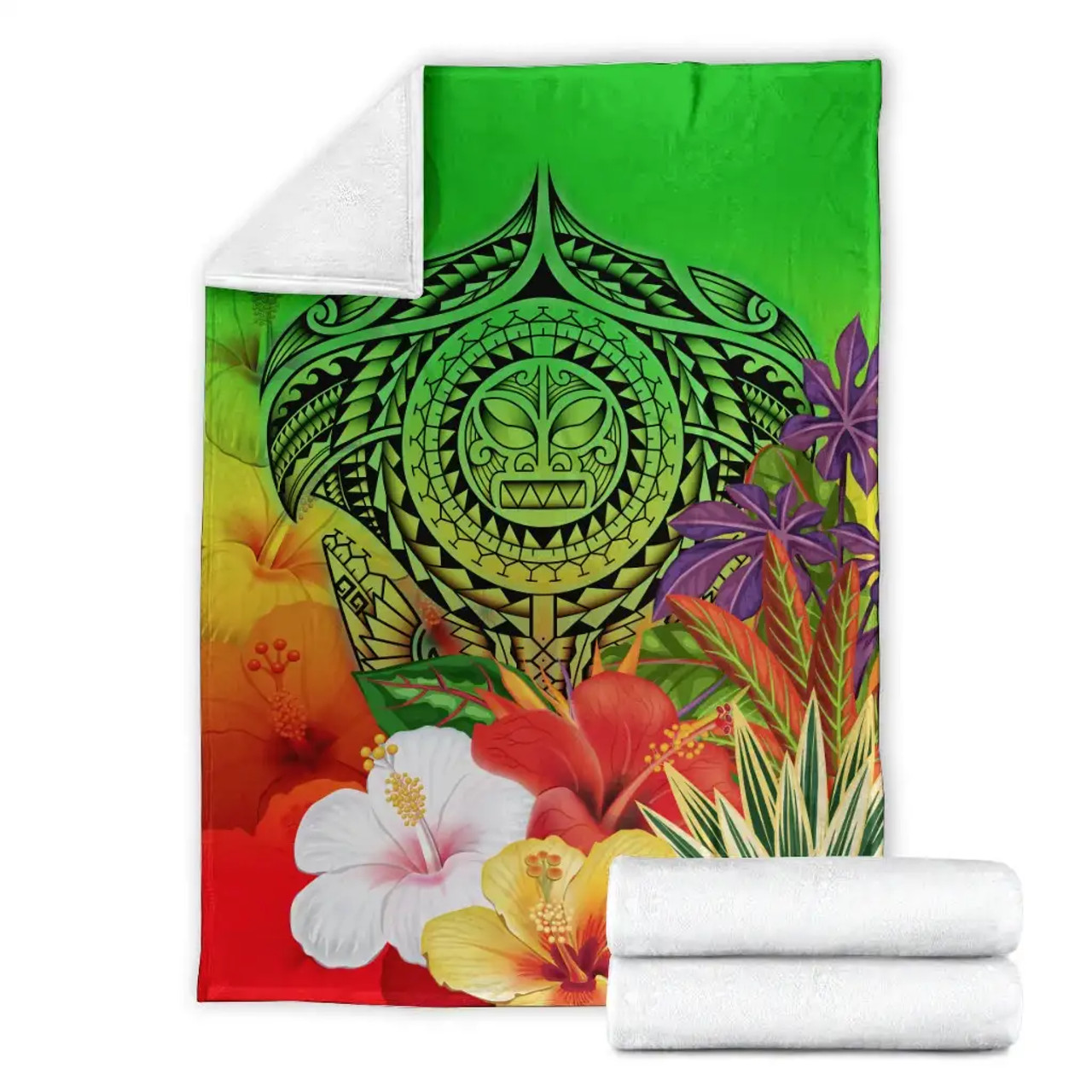 Polynesian Premium Blanket - Manta Ray Tropical Flowers (Green) 6