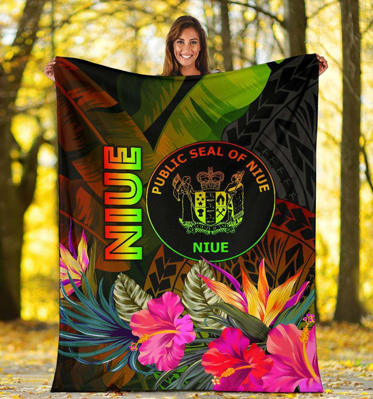 Niue Polynesian Premium Blanket - Hibiscus and Banana Leaves 5