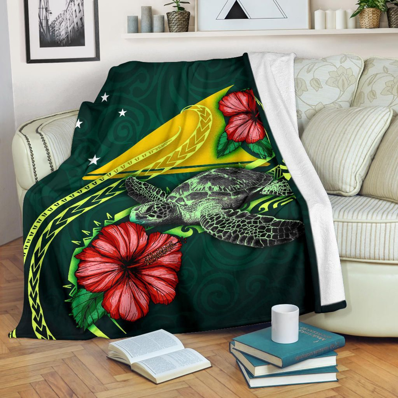 Tokelau Polynesian Premium Blanket - Green Turtle Hibiscus 1