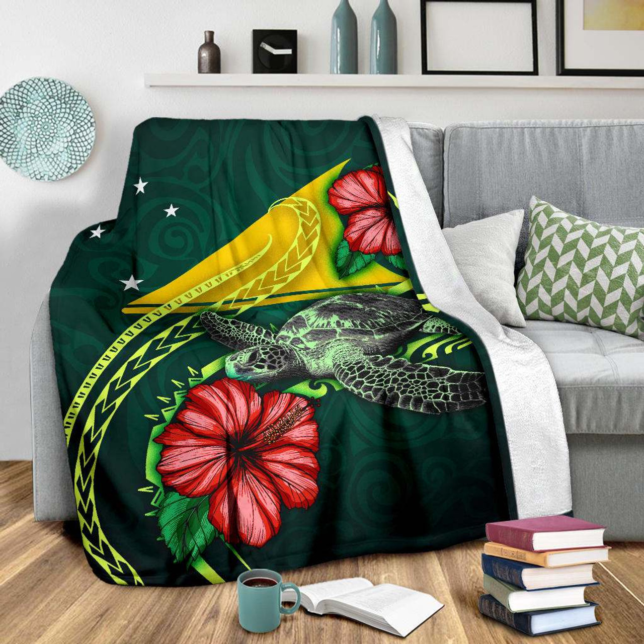 Tokelau Polynesian Premium Blanket - Green Turtle Hibiscus 3