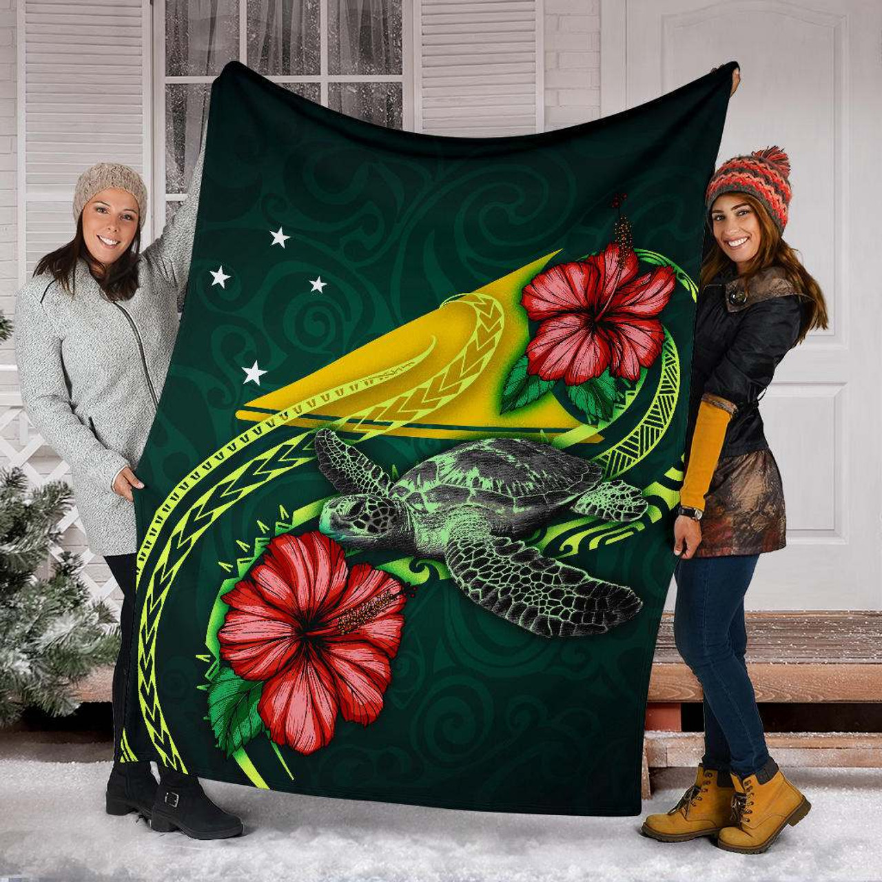 Tokelau Polynesian Premium Blanket - Green Turtle Hibiscus 6