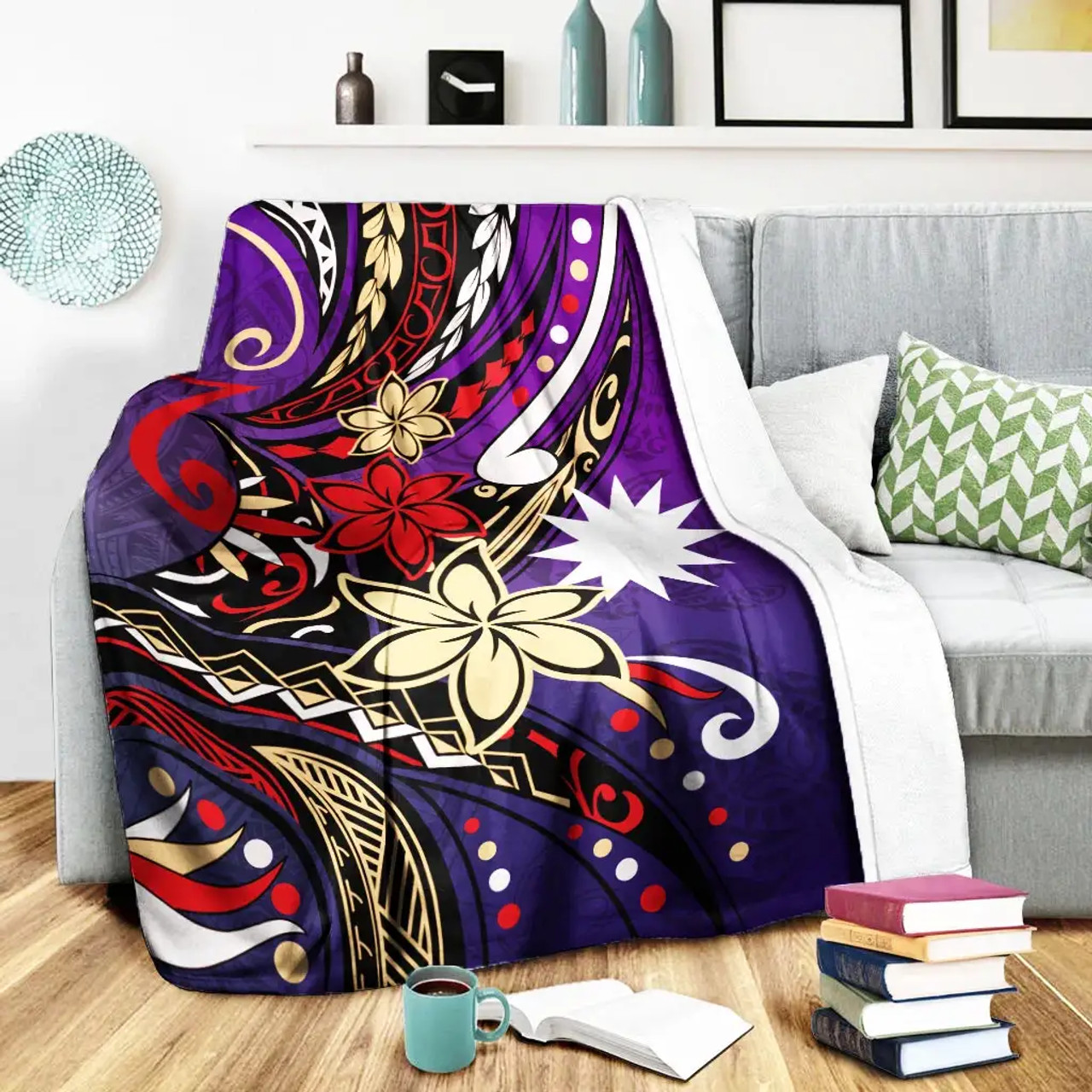 Nauru Premium Blanket - Tribal Flower With Special Turtles Purple Color 3