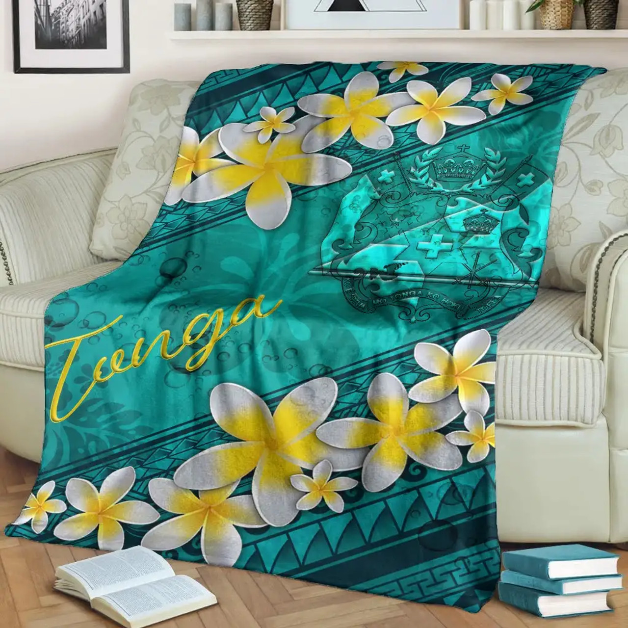 Tonga Polynesian Blanket - Plumeria With Blue Ocean 3